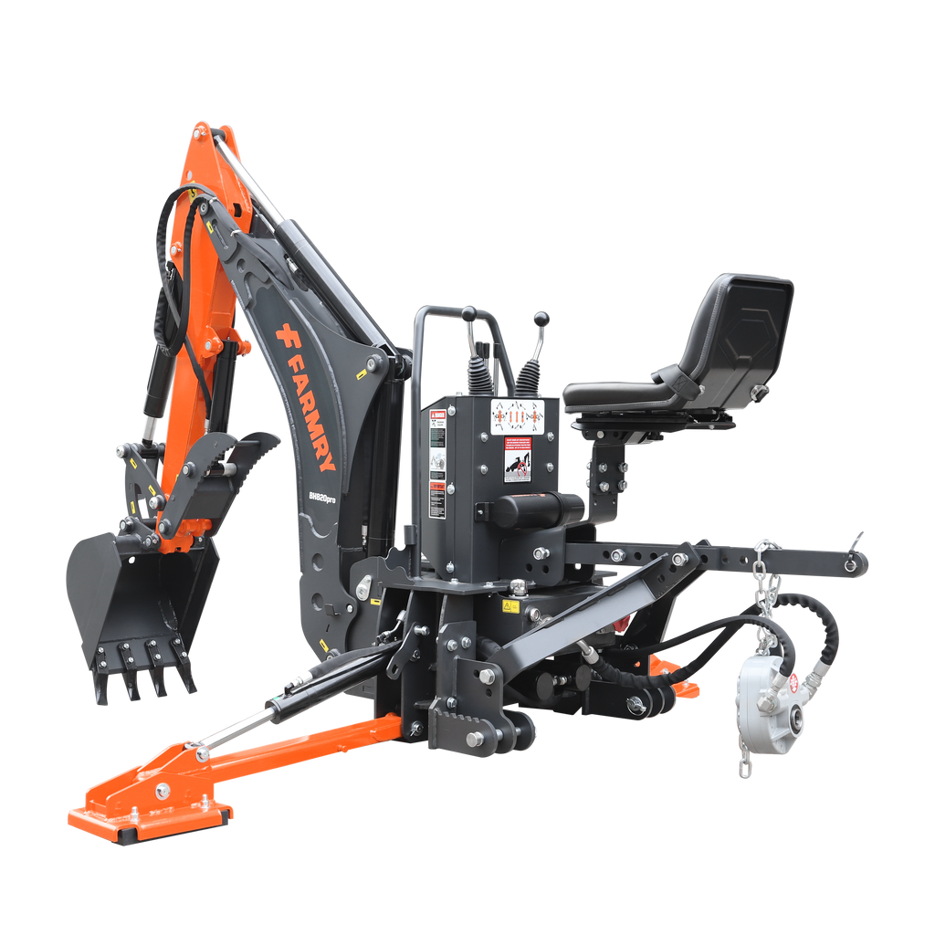 8'2" Tractor  Backhoe with Curved Boom, Italian Original WALVOIL Seven Way Hydraulic Control Valve, 15" Bucket, Hydraulic Grapple Thumb,  Self-Contained One-Piece Gear Pump&Hydraulic Reservoir included, for 30-65 HP, Cat 1&2 Hookup, BH820Pro