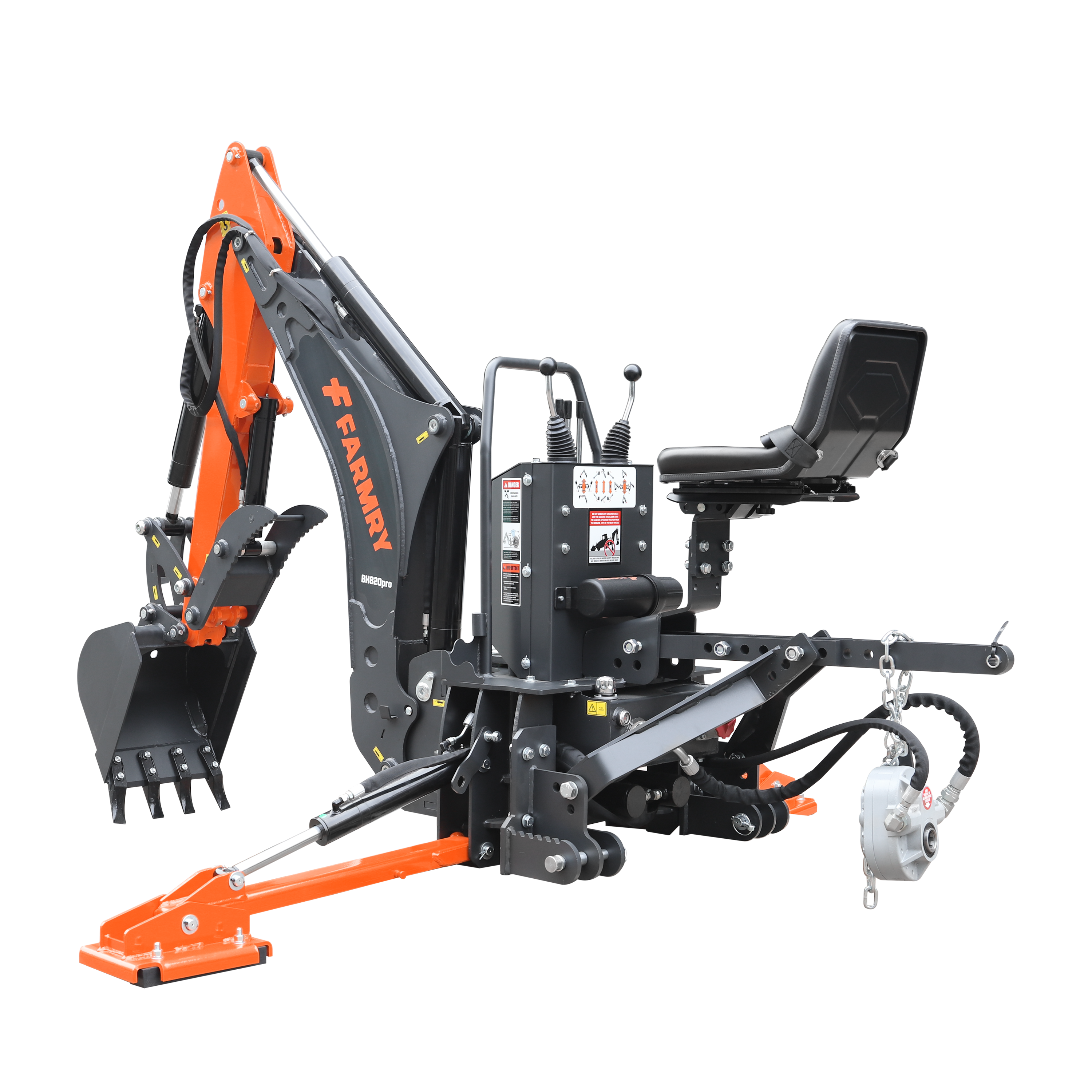 8'2" Tractor  Backhoe with Curved Boom, Italian Original WALVOIL Seven Way Hydraulic Control Valve, 15" Bucket, Hydraulic Grapple Thumb,  Self-Contained One-Piece Gear Pump&Hydraulic Reservoir included, for 30-65 HP, Cat 1&2 Hookup, BH820Pro