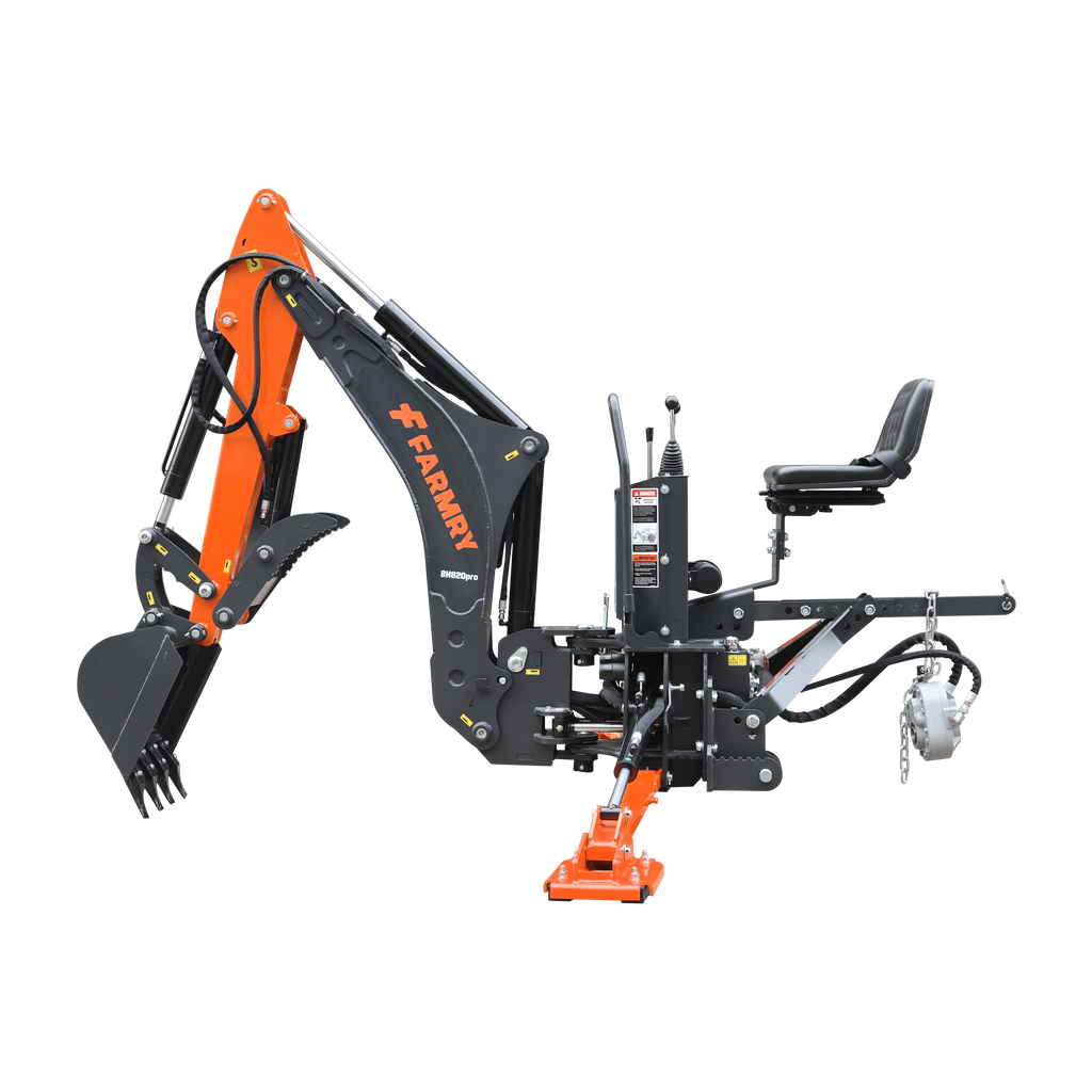 8'2" Tractor  Backhoe with Curved Boom, Italian Original WALVOIL Seven Way Hydraulic Control Valve, 15" Bucket, Hydraulic Grapple Thumb,  Self-Contained One-Piece Gear Pump&Hydraulic Reservoir included, for 30-65 HP, Cat 1&2 Hookup, BH820Pro