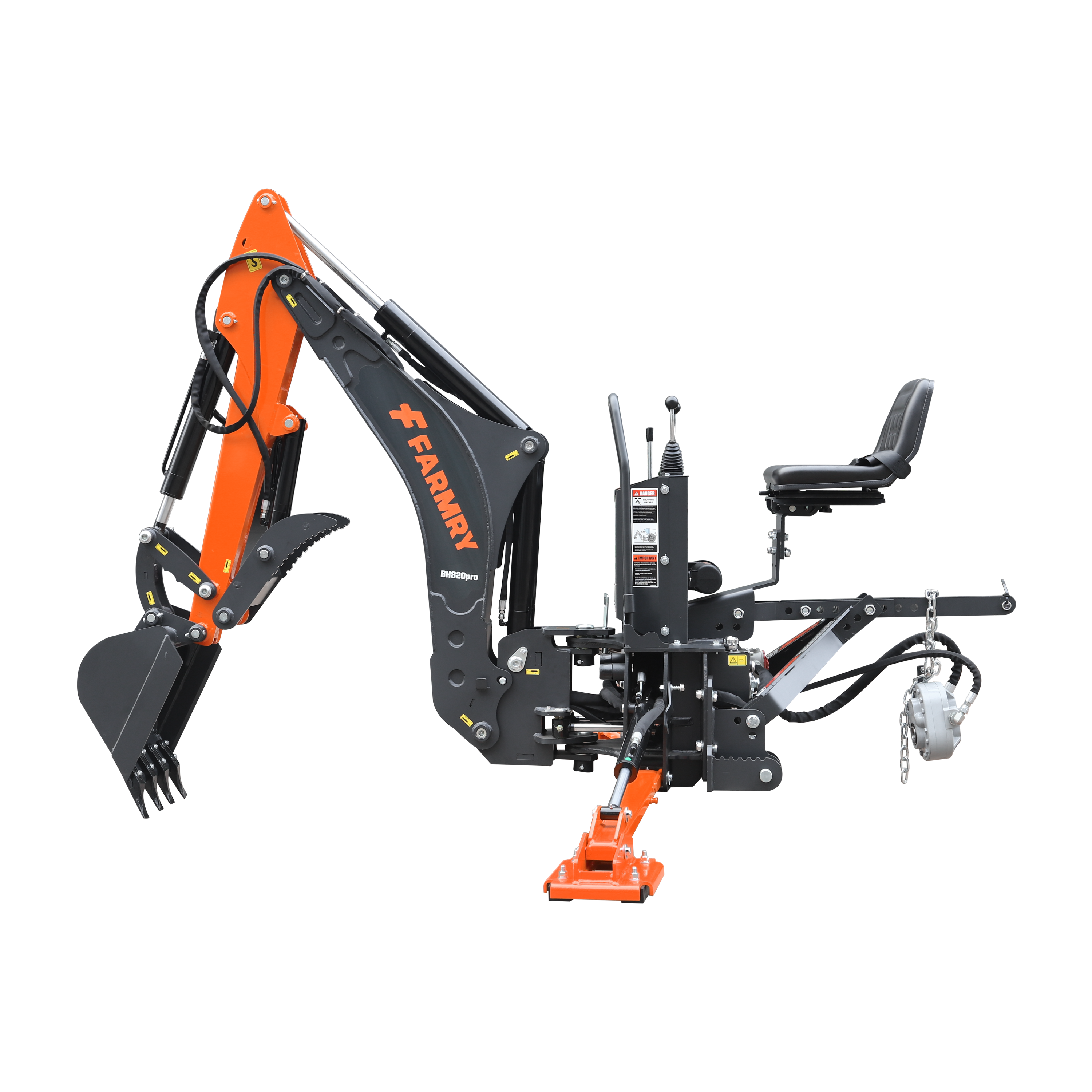 8'2" Tractor  Backhoe with Curved Boom, Italian Original WALVOIL Seven Way Hydraulic Control Valve, 15" Bucket, Hydraulic Grapple Thumb,  Self-Contained One-Piece Gear Pump&Hydraulic Reservoir included, for 30-65 HP, Cat 1&2 Hookup, BH820Pro