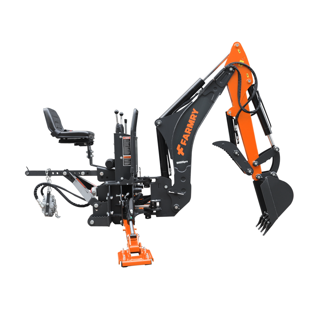8'2" Tractor  Backhoe with Curved Boom, Italian Original WALVOIL Seven Way Hydraulic Control Valve, 15" Bucket, Hydraulic Grapple Thumb,  Self-Contained One-Piece Gear Pump&Hydraulic Reservoir included, for 30-65 HP, Cat 1&2 Hookup, BH820Pro