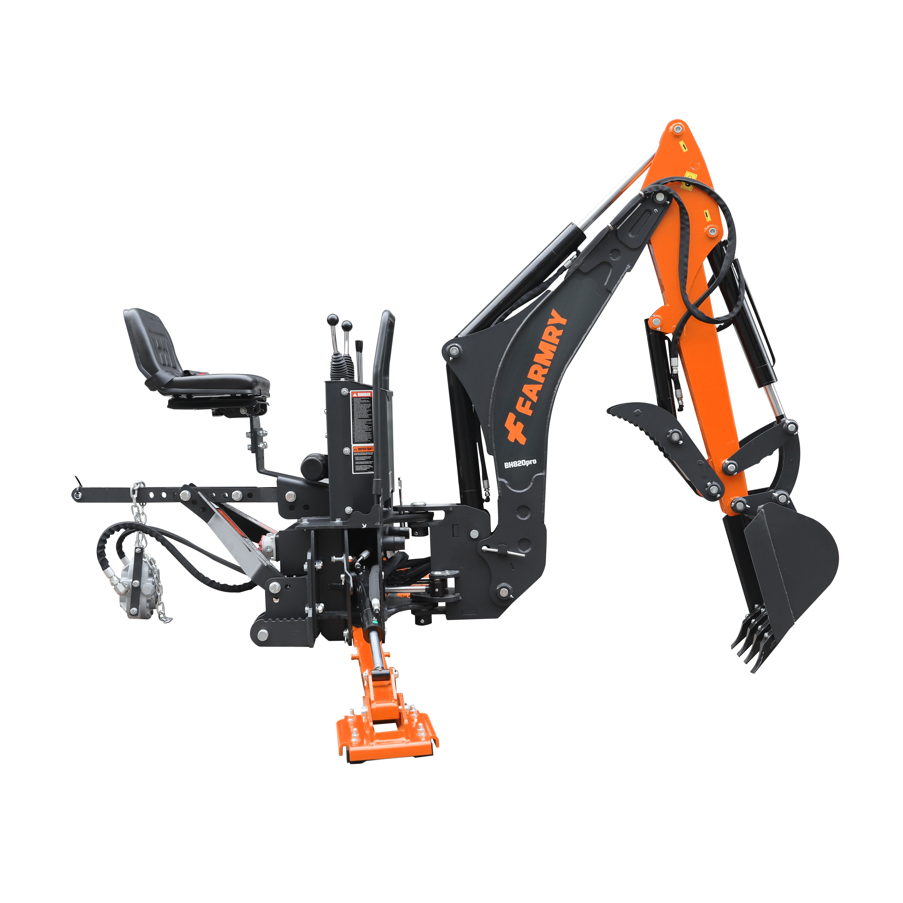 8'2" Tractor  Backhoe with Curved Boom, Italian Original WALVOIL Seven Way Hydraulic Control Valve, 15" Bucket, Hydraulic Grapple Thumb,  Self-Contained One-Piece Gear Pump&Hydraulic Reservoir included, for 30-65 HP, Cat 1&2 Hookup, BH820Pro