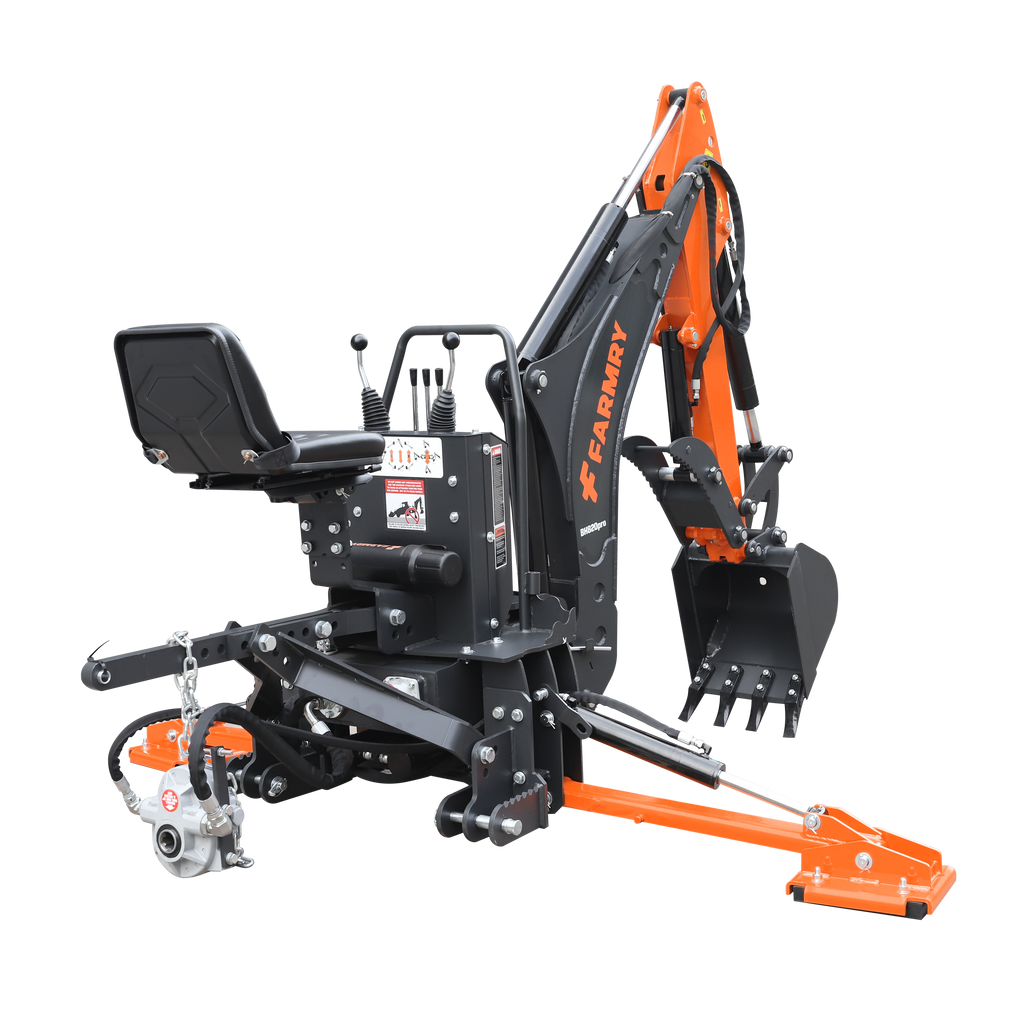 8'2" Tractor  Backhoe with Curved Boom, Italian Original WALVOIL Seven Way Hydraulic Control Valve, 15" Bucket, Hydraulic Grapple Thumb,  Self-Contained One-Piece Gear Pump&Hydraulic Reservoir included, for 30-65 HP, Cat 1&2 Hookup, BH820Pro