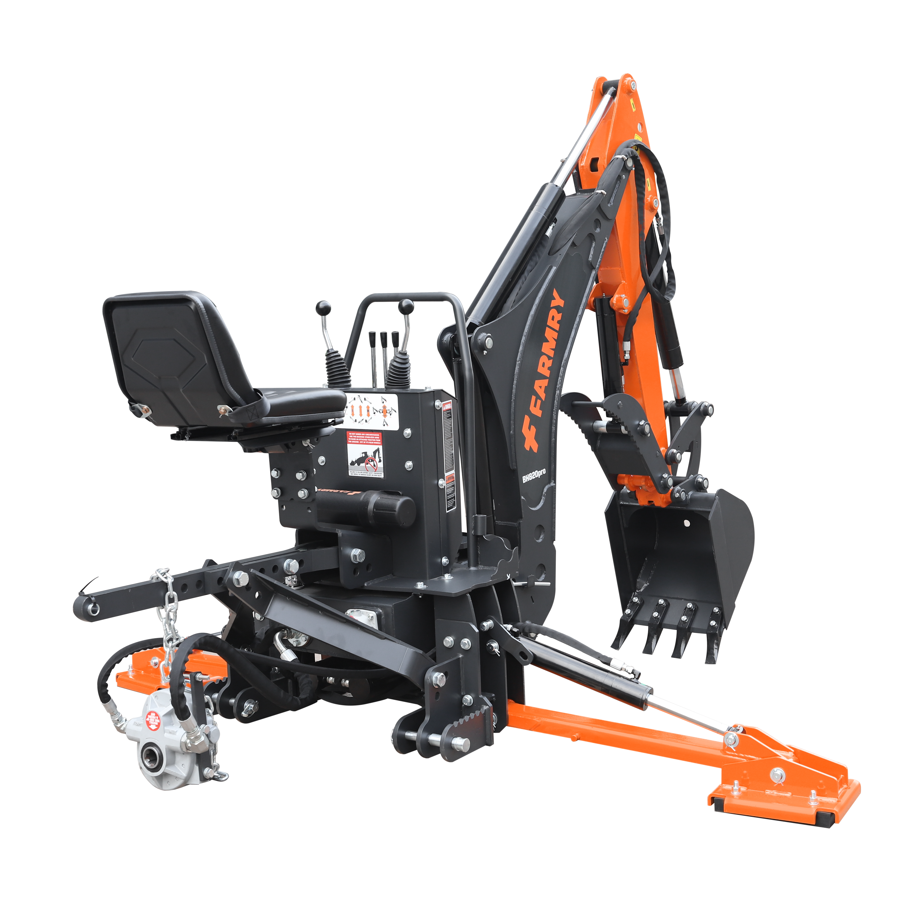 8'2" Tractor  Backhoe with Curved Boom, Italian Original WALVOIL Seven Way Hydraulic Control Valve, 15" Bucket, Hydraulic Grapple Thumb,  Self-Contained One-Piece Gear Pump&Hydraulic Reservoir included, for 30-65 HP, Cat 1&2 Hookup, BH820Pro