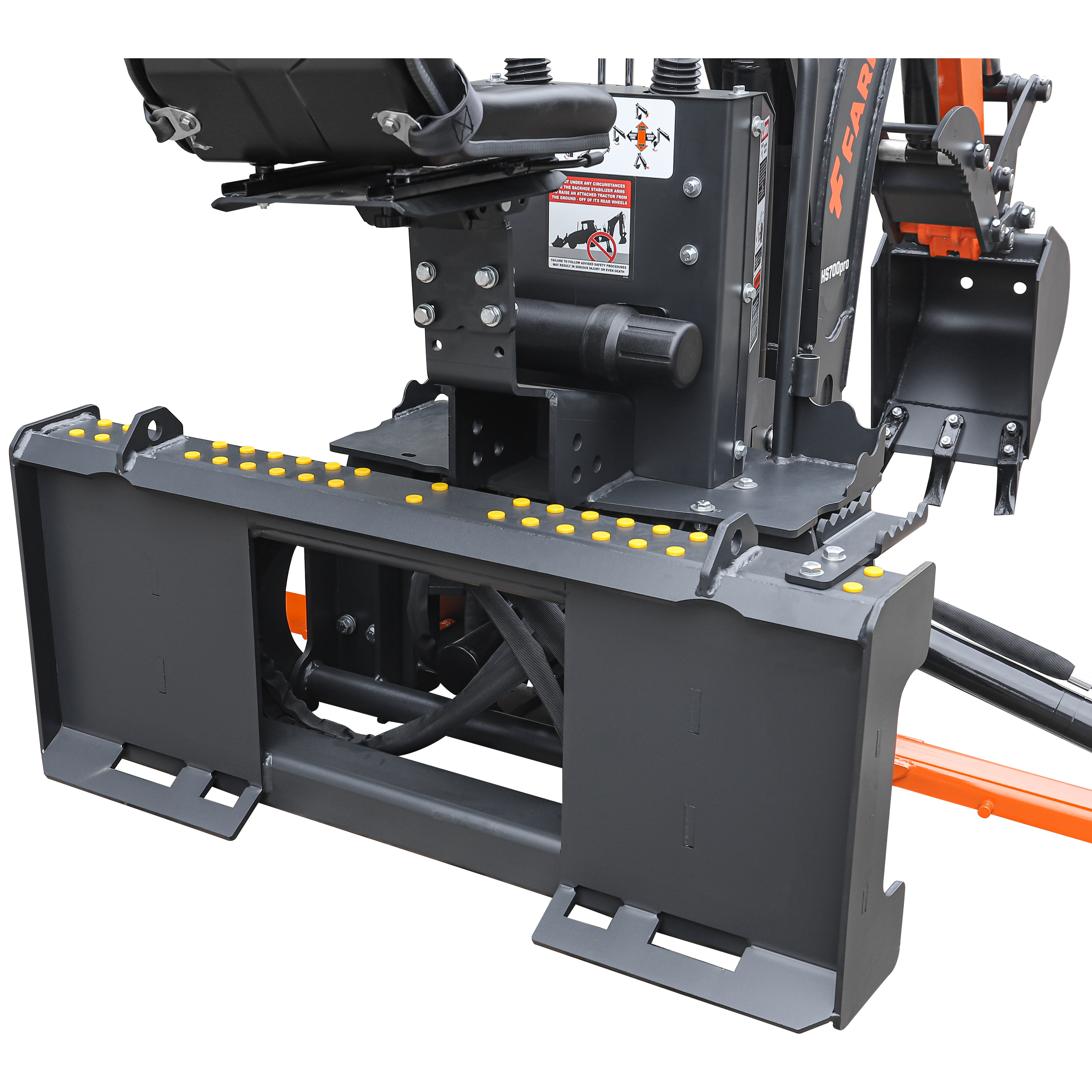 7' Skid Steer Loader Backhoe with Curved Boom, Italian Original WALVOIL Seven Way Hydraulic Control Valve, 12" Bucket, Hydraulic Grapple Thumb included, for 30-60 HP, BHS700Pro