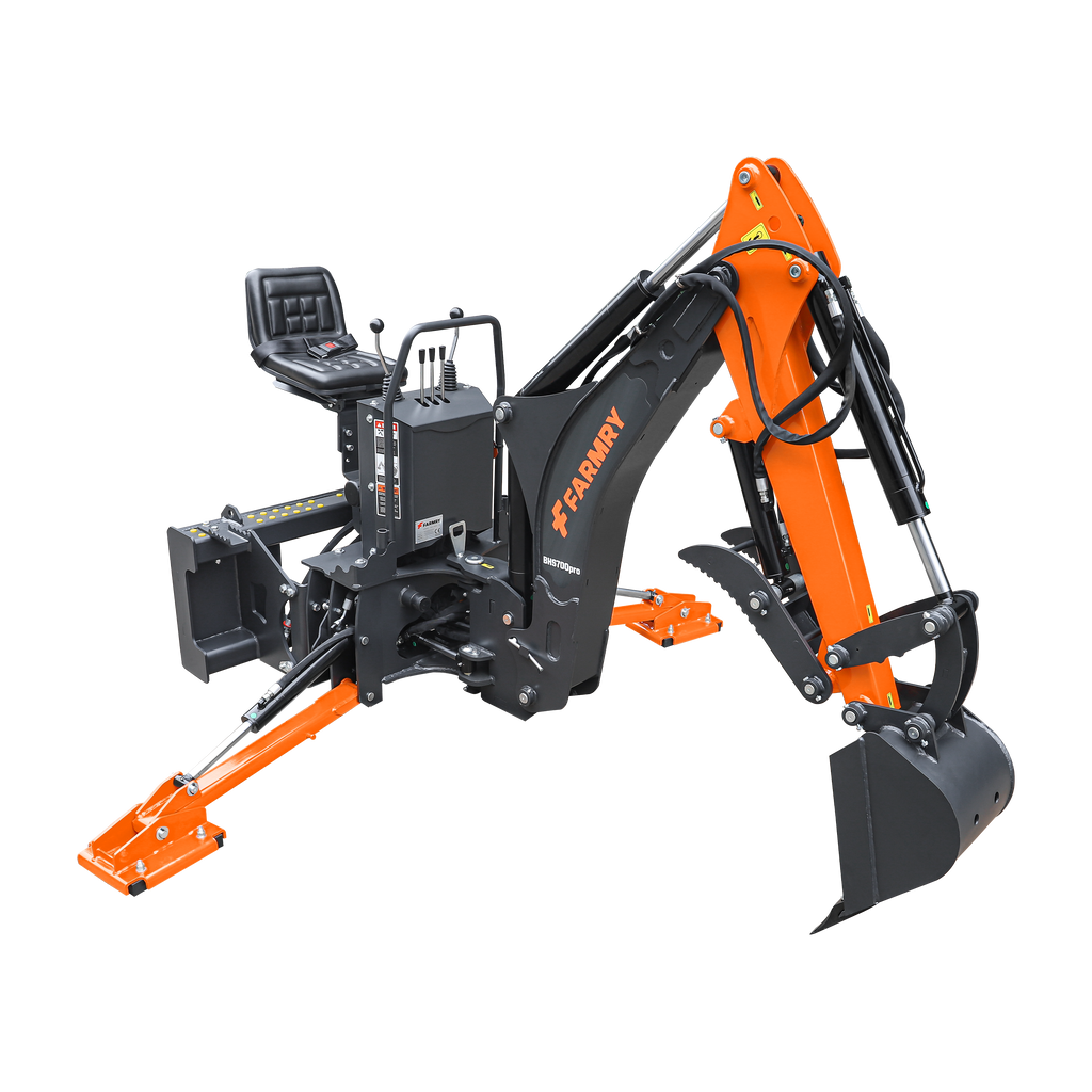 7' Skid Steer Loader Backhoe with Curved Boom, Italian Original WALVOIL Seven Way Hydraulic Control Valve, 12" Bucket, Hydraulic Grapple Thumb included, for 30-60 HP, BHS700Pro