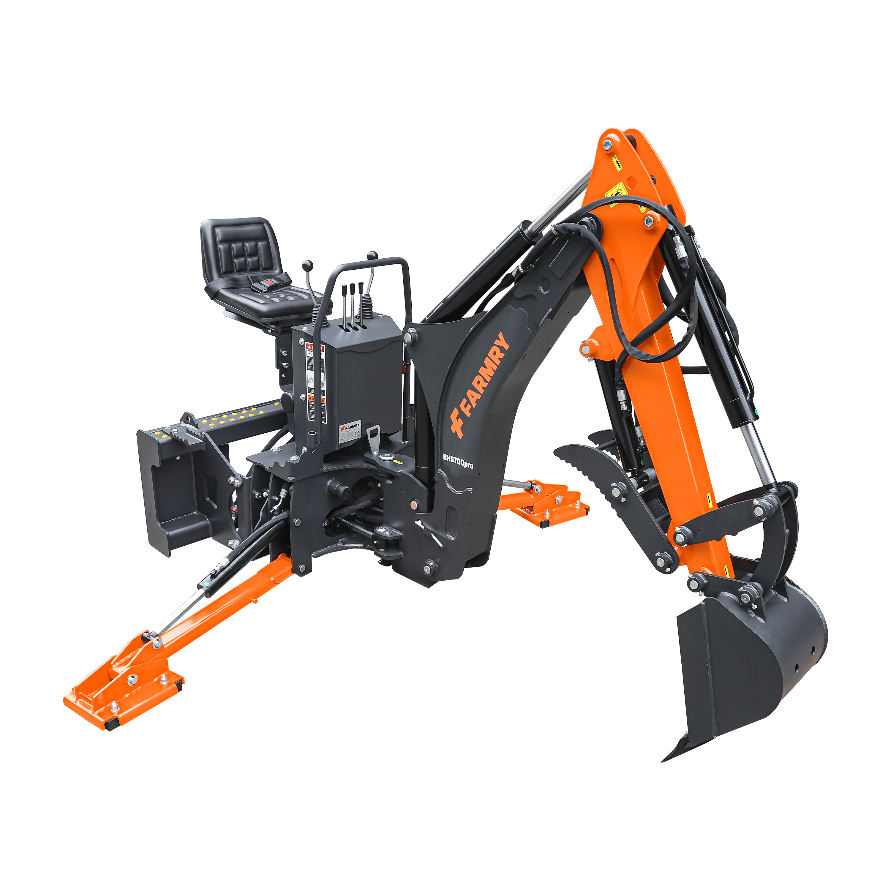 7' Skid Steer Loader Backhoe with Curved Boom, Italian Original WALVOIL Seven Way Hydraulic Control Valve, 12" Bucket, Hydraulic Grapple Thumb included, for 30-60 HP, BHS700Pro
