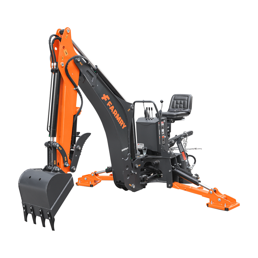9'2" Tractor  Backhoe with Curved Boom, Italian Original WALVOIL Seven Way Hydraulic Control Valve, 18" Bucket, Hydraulic Grapple Thumb,  Self-Contained One-Piece Gear Pump&Hydraulic Reservoir included, for 45-120 HP, Cat 2 Hookup, BH920Pro