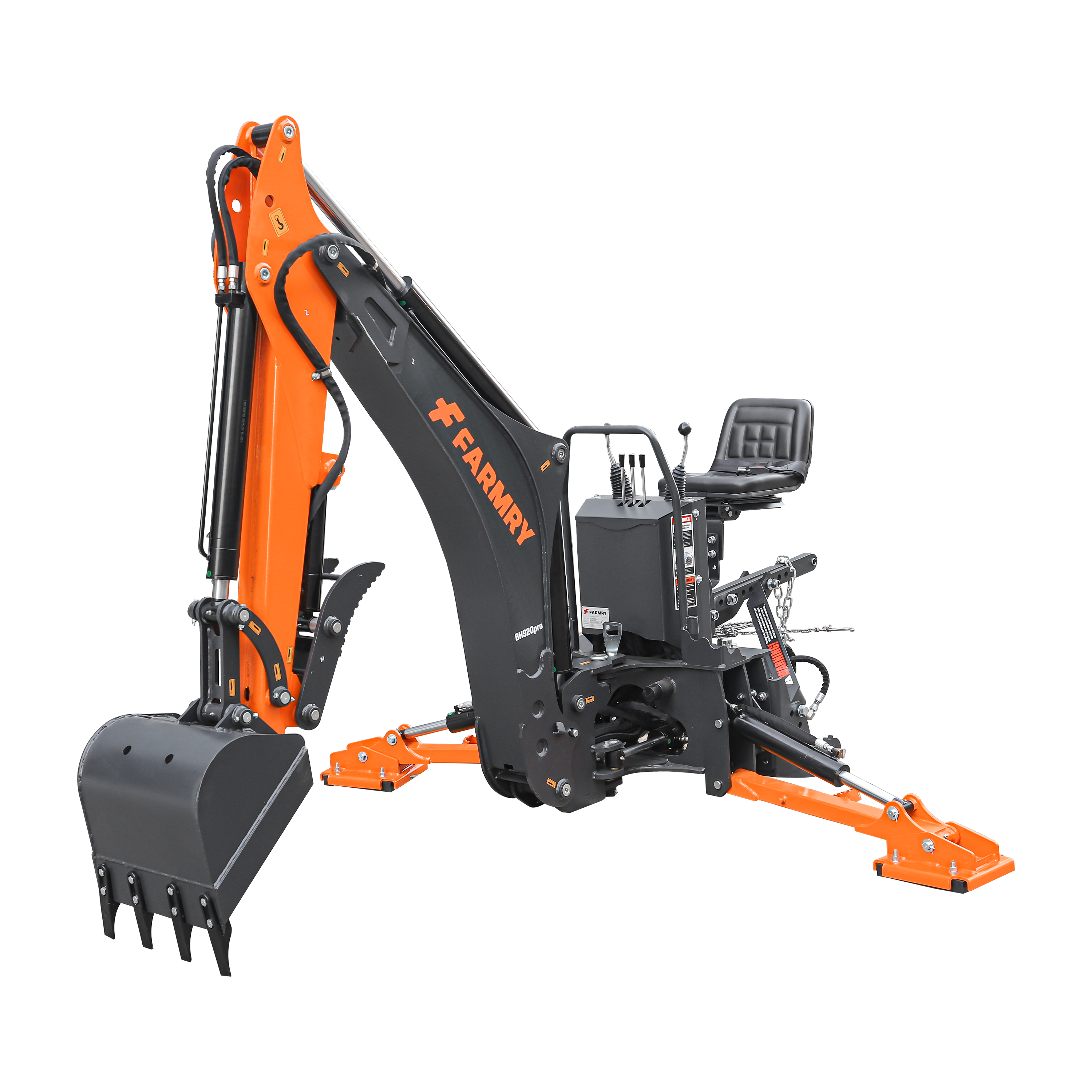 9'2" Tractor  Backhoe with Curved Boom, Italian Original WALVOIL Seven Way Hydraulic Control Valve, 18" Bucket, Hydraulic Grapple Thumb,  Self-Contained One-Piece Gear Pump&Hydraulic Reservoir included, for 45-120 HP, Cat 2 Hookup, BH920Pro