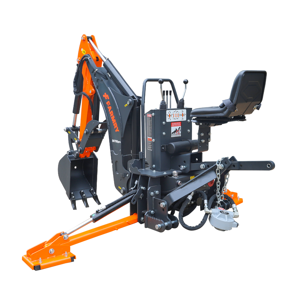 7' Tractor  Backhoe with Curved Boom, Italian Original WALVOIL Seven Way Hydraulic Control Valve, 12" Bucket, Hydraulic Grapple Thumb,  Self-Contained One-Piece Gear Pump&Hydraulic Reservoir included, for 25-45 HP, Cat 1&2 Hookup, BH700Pro