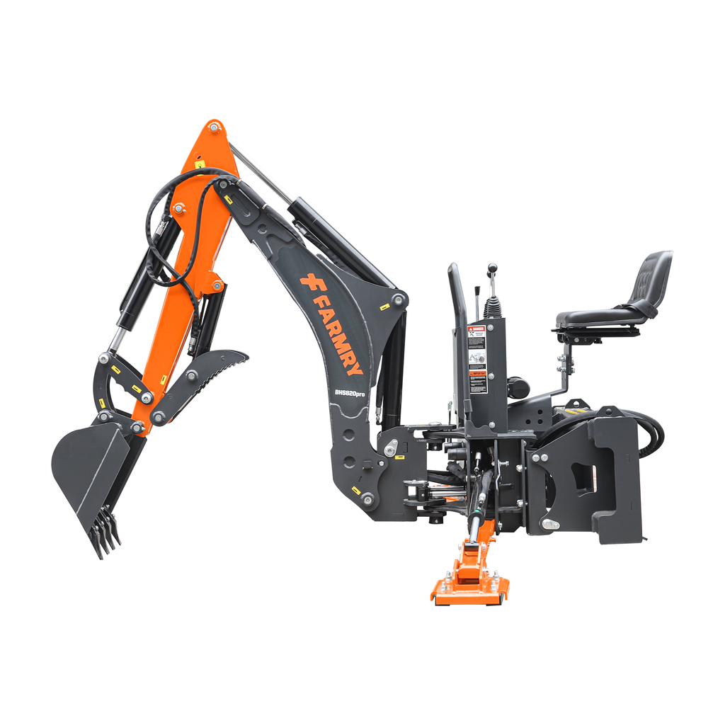 8'2" Skid Steer Loader  Backhoe with Curved Boom, Italian Original WALVOIL Seven Way Hydraulic Control Valve, 15" Bucket, Hydraulic Grapple Thumb included, for 30-75 HP , BHS820Pro