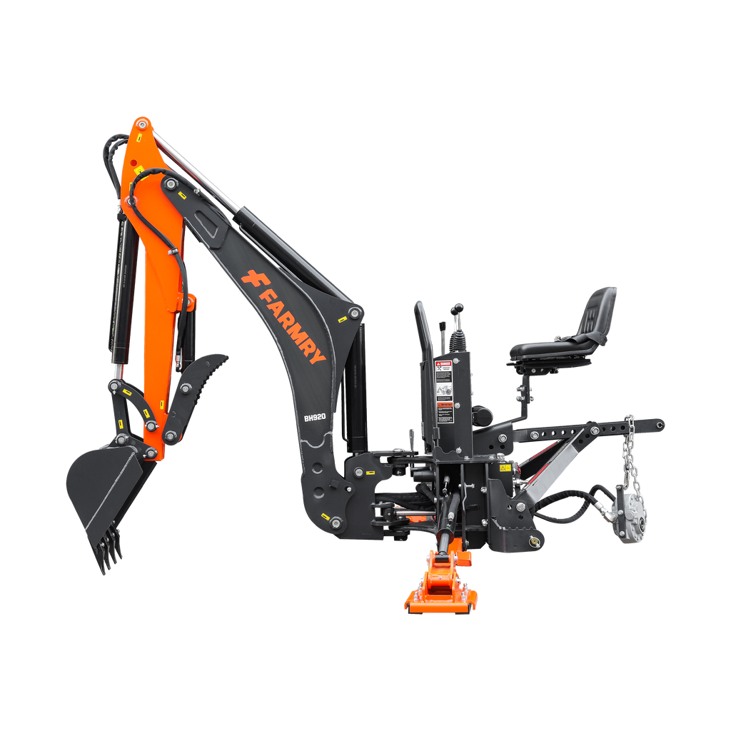 9'2" Tractor  Backhoe with Curved Boom, 18" Bucket, Hydraulic Grapple Thumb, Self-Contained Gear Pump&Hydraulic Reservoir included, for 45-120 HP, Cat 2 Hookup, BH920