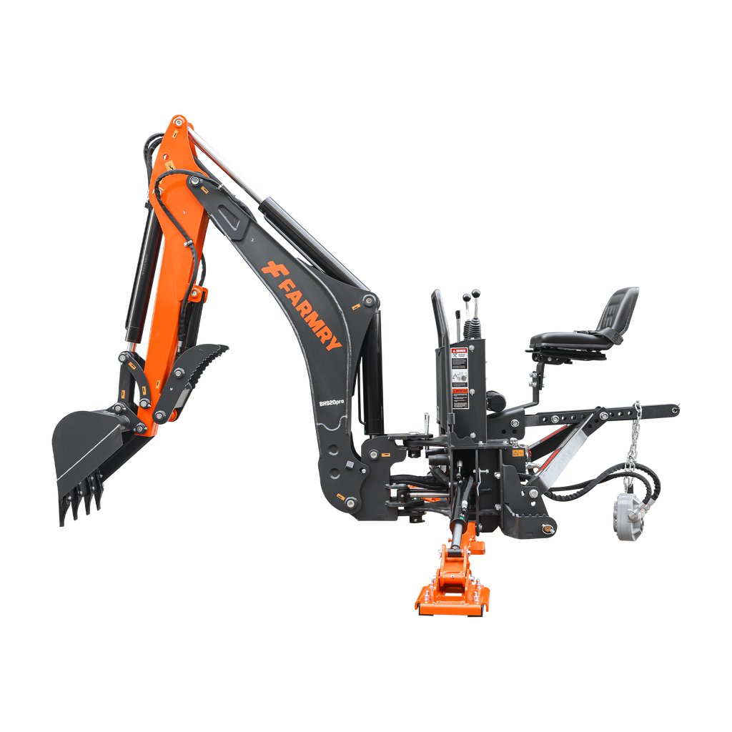 9'2" Tractor  Backhoe with Curved Boom, Italian Original WALVOIL Seven Way Hydraulic Control Valve, 18" Bucket, Hydraulic Grapple Thumb,  Self-Contained One-Piece Gear Pump&Hydraulic Reservoir included, for 45-120 HP, Cat 2 Hookup, BH920Pro