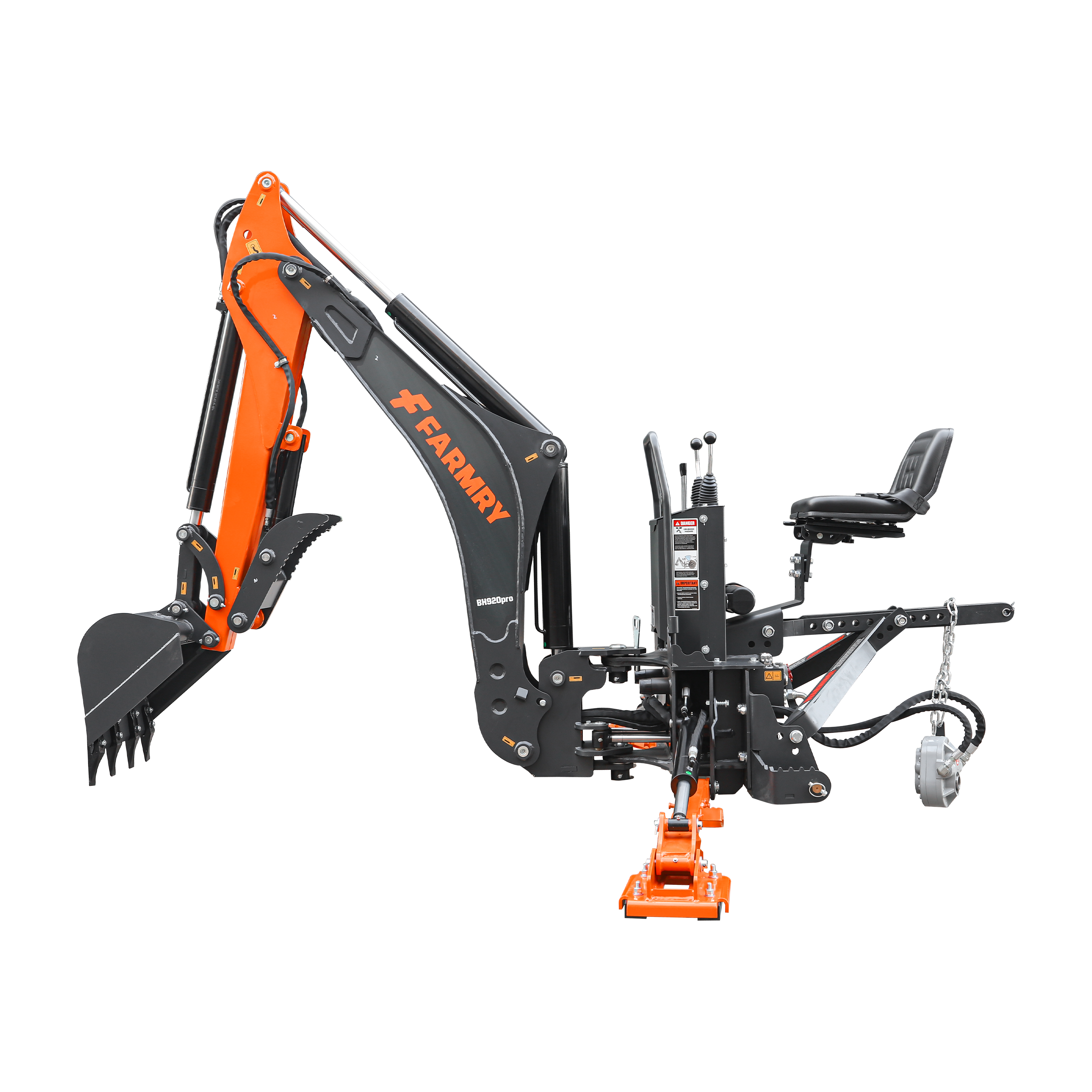 9'2" Tractor  Backhoe with Curved Boom, Italian Original WALVOIL Seven Way Hydraulic Control Valve, 18" Bucket, Hydraulic Grapple Thumb,  Self-Contained One-Piece Gear Pump&Hydraulic Reservoir included, for 45-120 HP, Cat 2 Hookup, BH920Pro