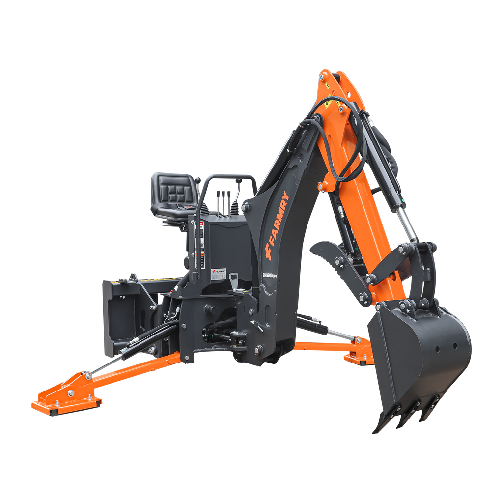 7' Skid Steer Loader Backhoe with Curved Boom, Italian Original WALVOIL Seven Way Hydraulic Control Valve, 12" Bucket, Hydraulic Grapple Thumb included, for 30-60 HP, BHS700Pro