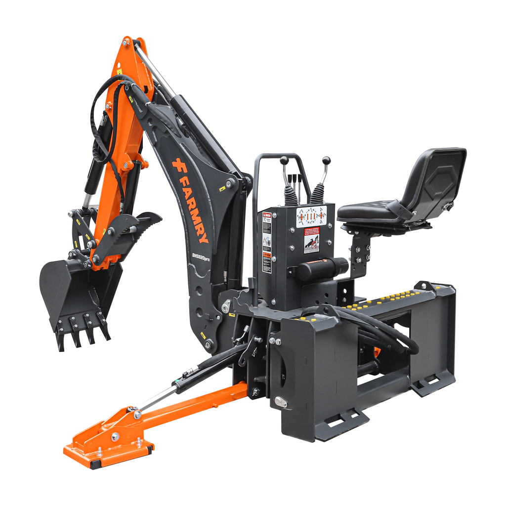 8'2" Skid Steer Loader  Backhoe with Curved Boom, Italian Original WALVOIL Seven Way Hydraulic Control Valve, 15" Bucket, Hydraulic Grapple Thumb included, for 30-75 HP , BHS820Pro