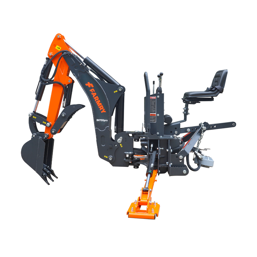 7' Tractor  Backhoe with Curved Boom, Italian Original WALVOIL Seven Way Hydraulic Control Valve, 12" Bucket, Hydraulic Grapple Thumb,  Self-Contained One-Piece Gear Pump&Hydraulic Reservoir included, for 25-45 HP, Cat 1&2 Hookup, BH700Pro
