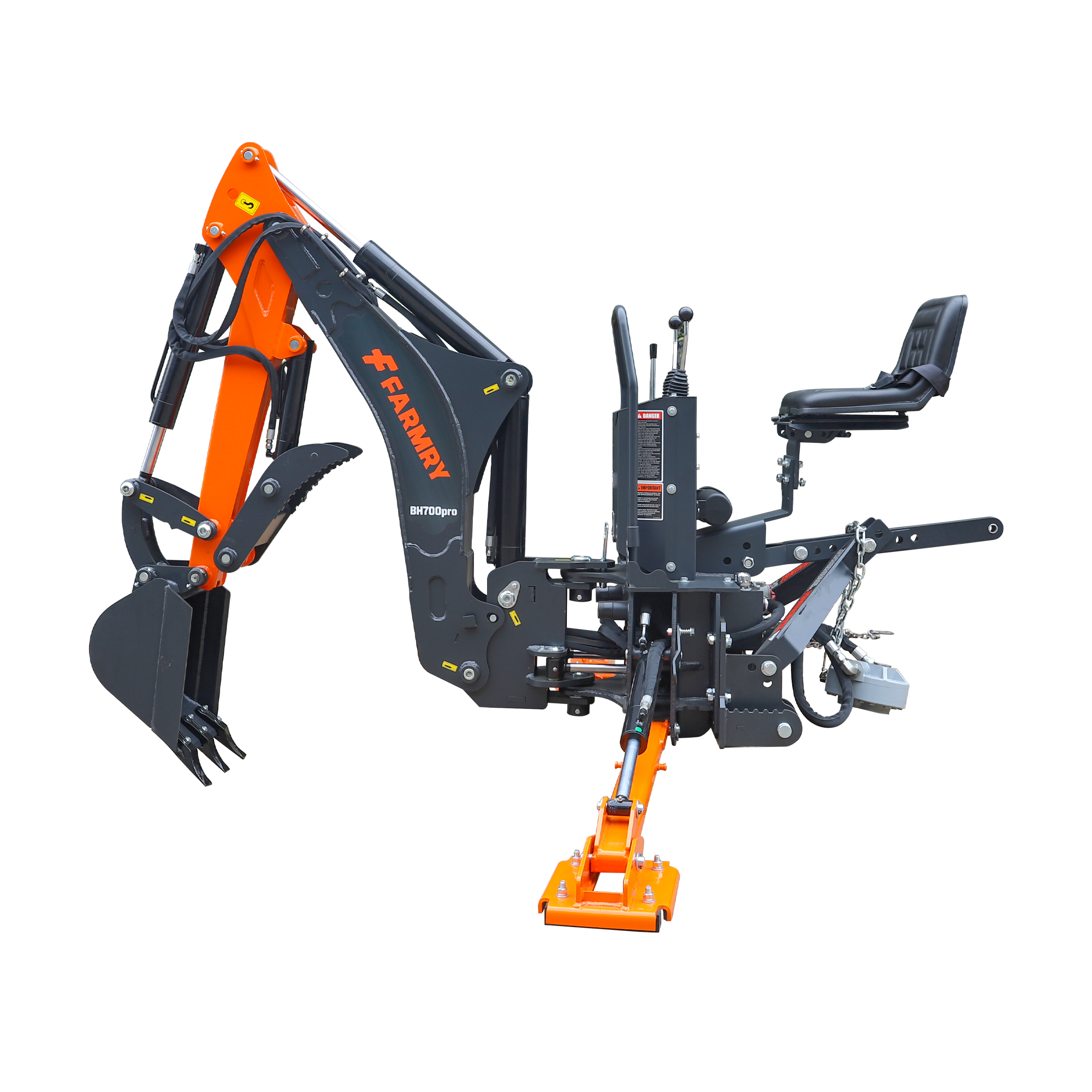 7' Tractor  Backhoe with Curved Boom, Italian Original WALVOIL Seven Way Hydraulic Control Valve, 12" Bucket, Hydraulic Grapple Thumb,  Self-Contained One-Piece Gear Pump&Hydraulic Reservoir included, for 25-45 HP, Cat 1&2 Hookup, BH700Pro