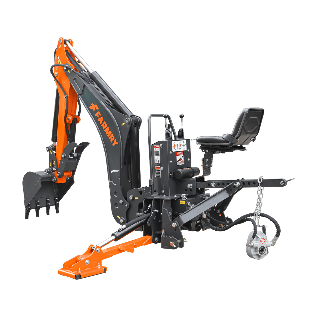 9'2" Tractor  Backhoe with Curved Boom, Italian Original WALVOIL Seven Way Hydraulic Control Valve, 18" Bucket, Hydraulic Grapple Thumb,  Self-Contained One-Piece Gear Pump&Hydraulic Reservoir included, for 45-120 HP, Cat 2 Hookup, BH920Pro