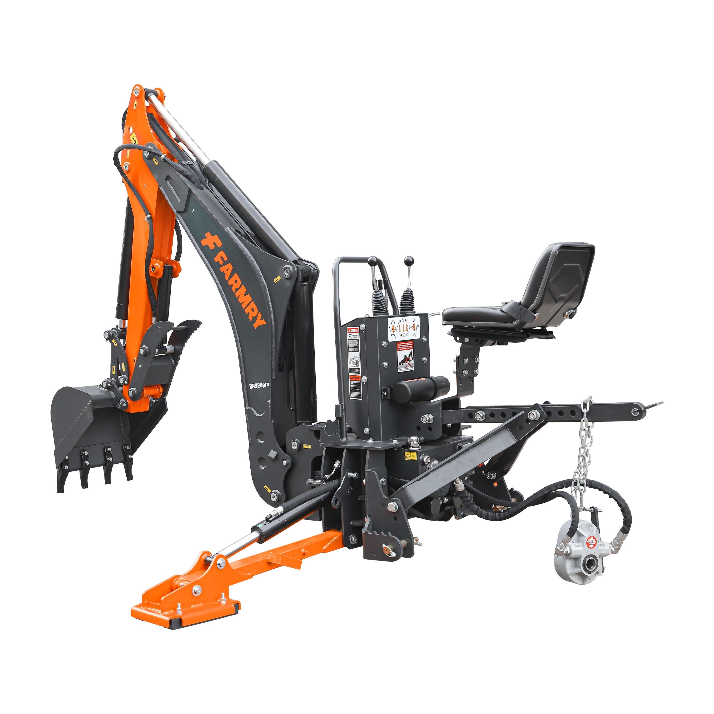 9'2" Tractor  Backhoe with Curved Boom, Italian Original WALVOIL Seven Way Hydraulic Control Valve, 18" Bucket, Hydraulic Grapple Thumb,  Self-Contained One-Piece Gear Pump&Hydraulic Reservoir included, for 45-120 HP, Cat 2 Hookup, BH920Pro