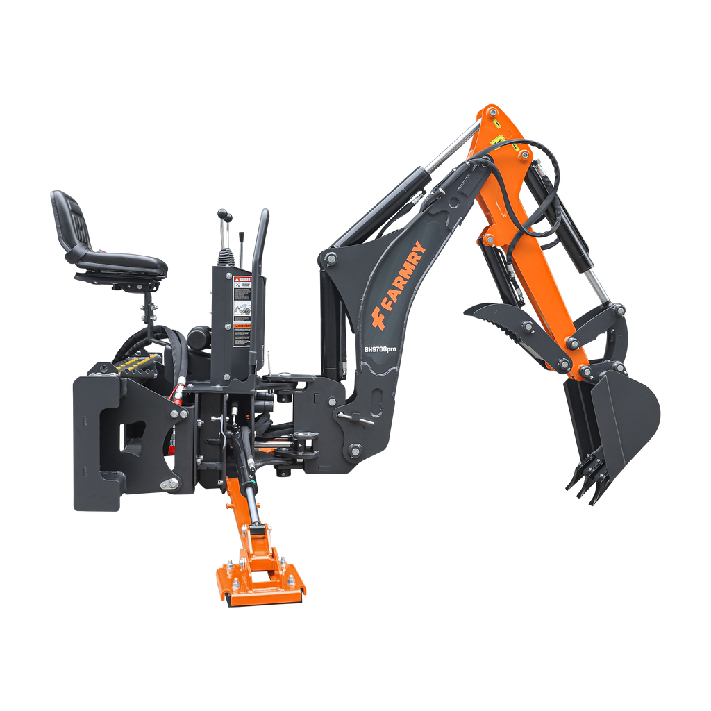 7' Skid Steer Loader Backhoe with Curved Boom, Italian Original WALVOIL Seven Way Hydraulic Control Valve, 12" Bucket, Hydraulic Grapple Thumb included, for 30-60 HP, BHS700Pro