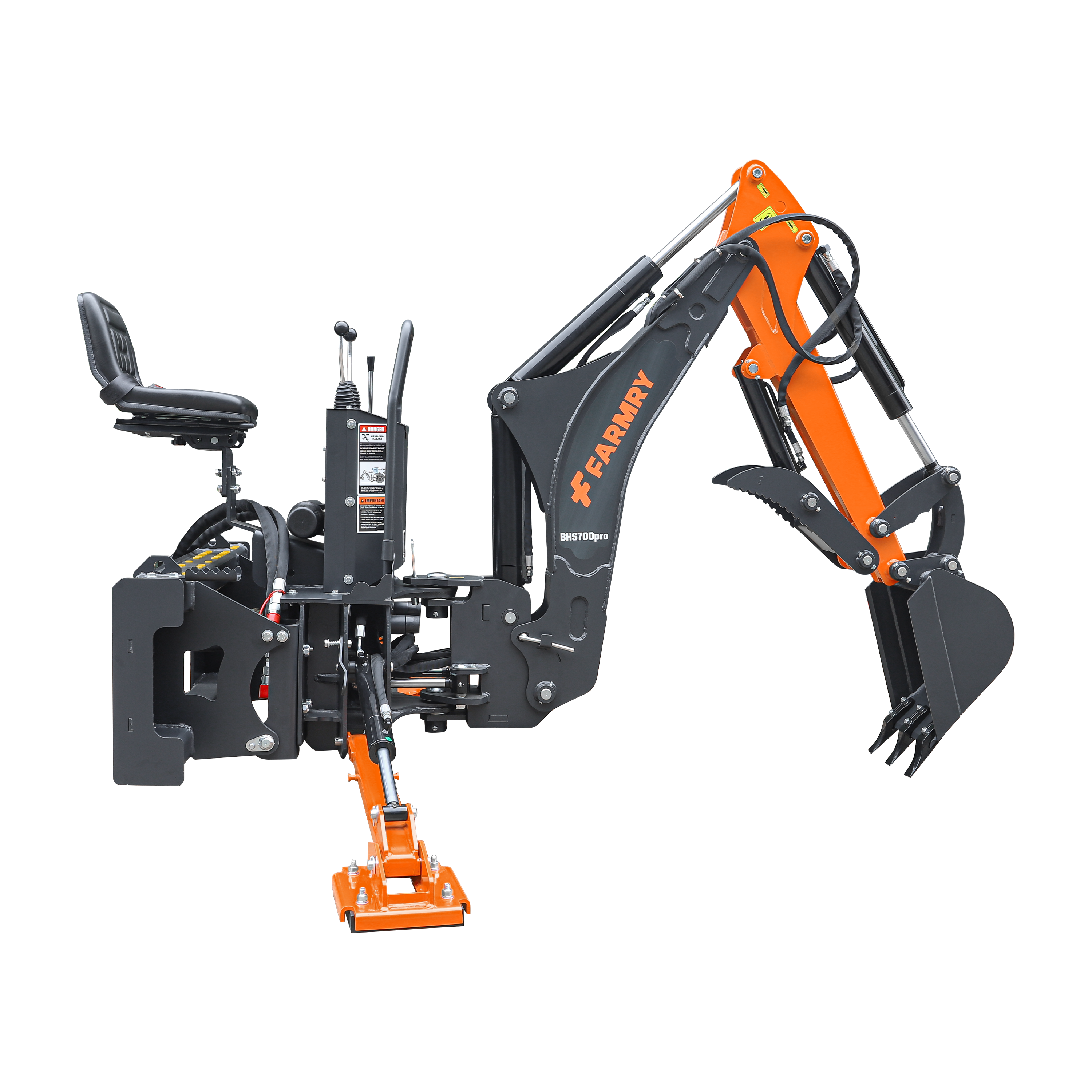 7' Skid Steer Loader Backhoe with Curved Boom, Italian Original WALVOIL Seven Way Hydraulic Control Valve, 12" Bucket, Hydraulic Grapple Thumb included, for 30-60 HP, BHS700Pro