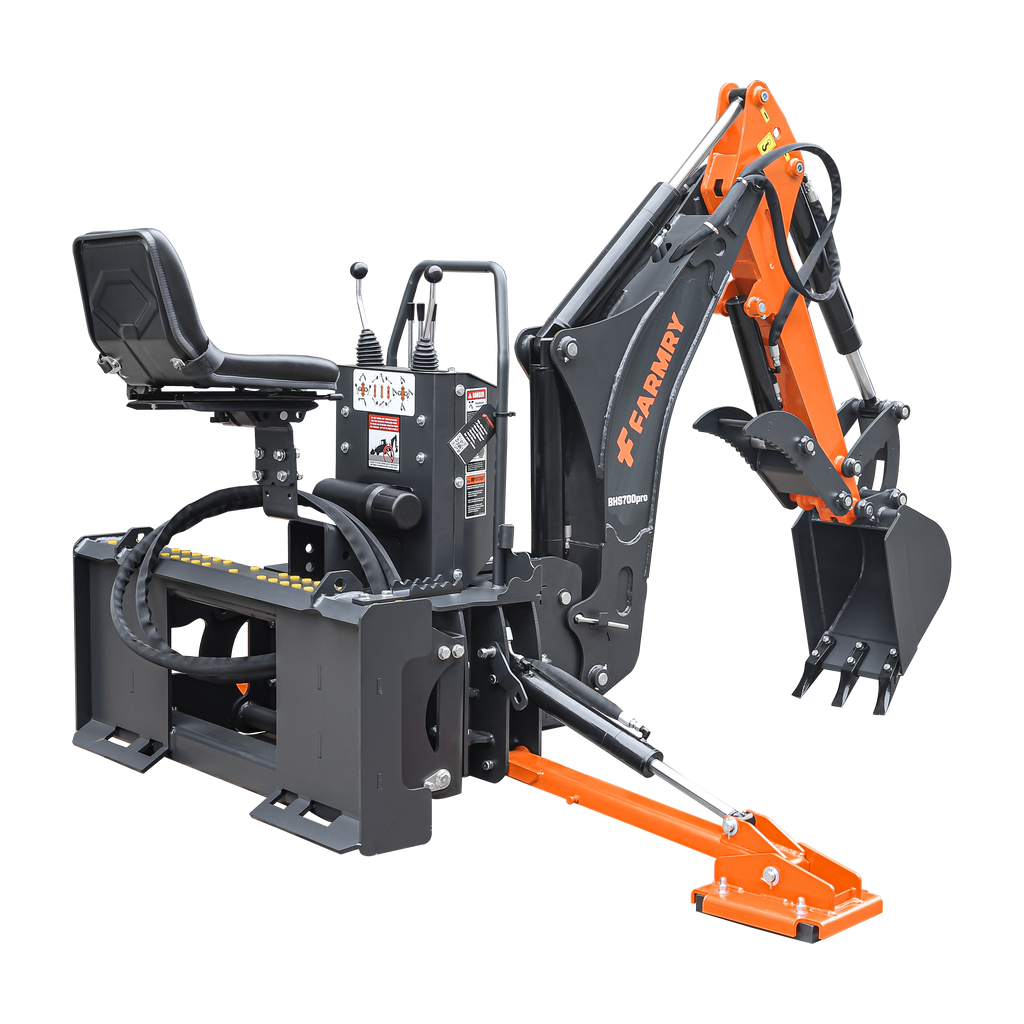 7' Skid Steer Loader Backhoe with Curved Boom, Italian Original WALVOIL Seven Way Hydraulic Control Valve, 12" Bucket, Hydraulic Grapple Thumb included, for 30-60 HP, BHS700Pro