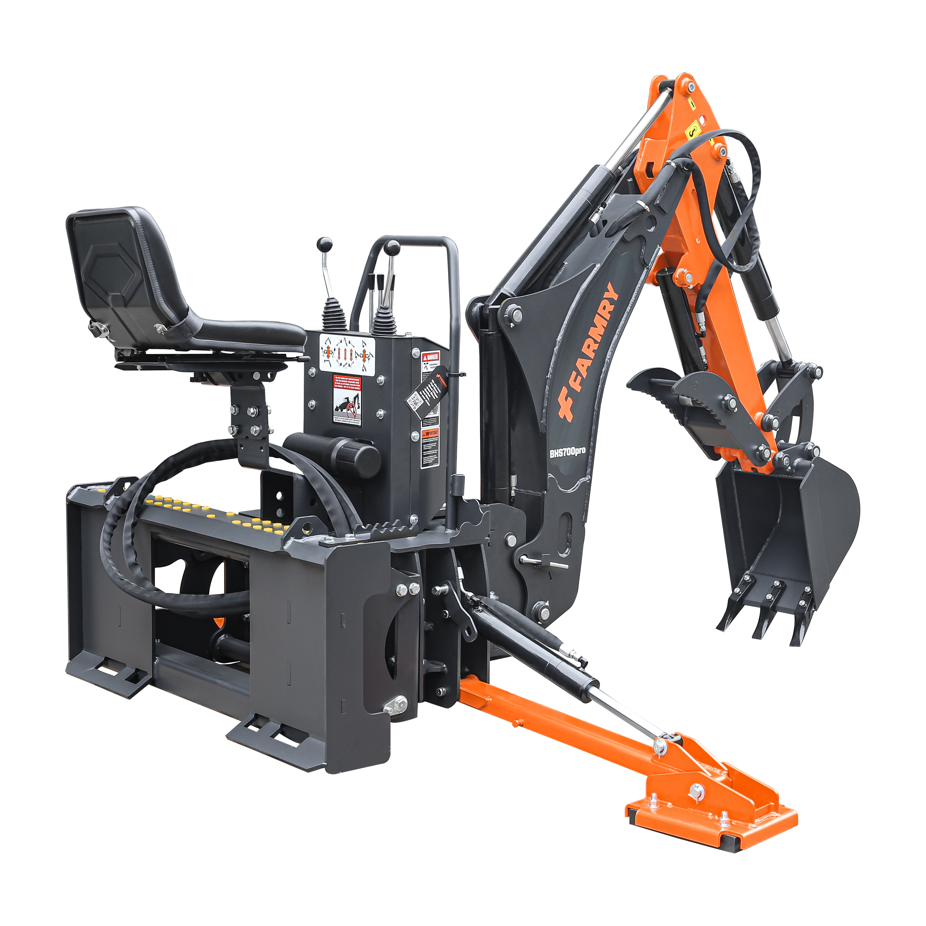 7' Skid Steer Loader Backhoe with Curved Boom, Italian Original WALVOIL Seven Way Hydraulic Control Valve, 12" Bucket, Hydraulic Grapple Thumb included, for 30-60 HP, BHS700Pro