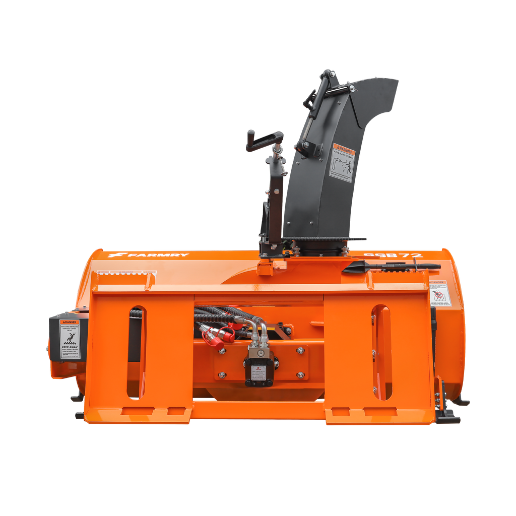 72" Skid Steer Snow Blower, 45-75 HP, REQ. Hydraulic Flow 16-21 GPM, 24" Diameter Impeller, Manual 360° Snow Chute, Snow Shovel for JAM Clearance Included, SSB72