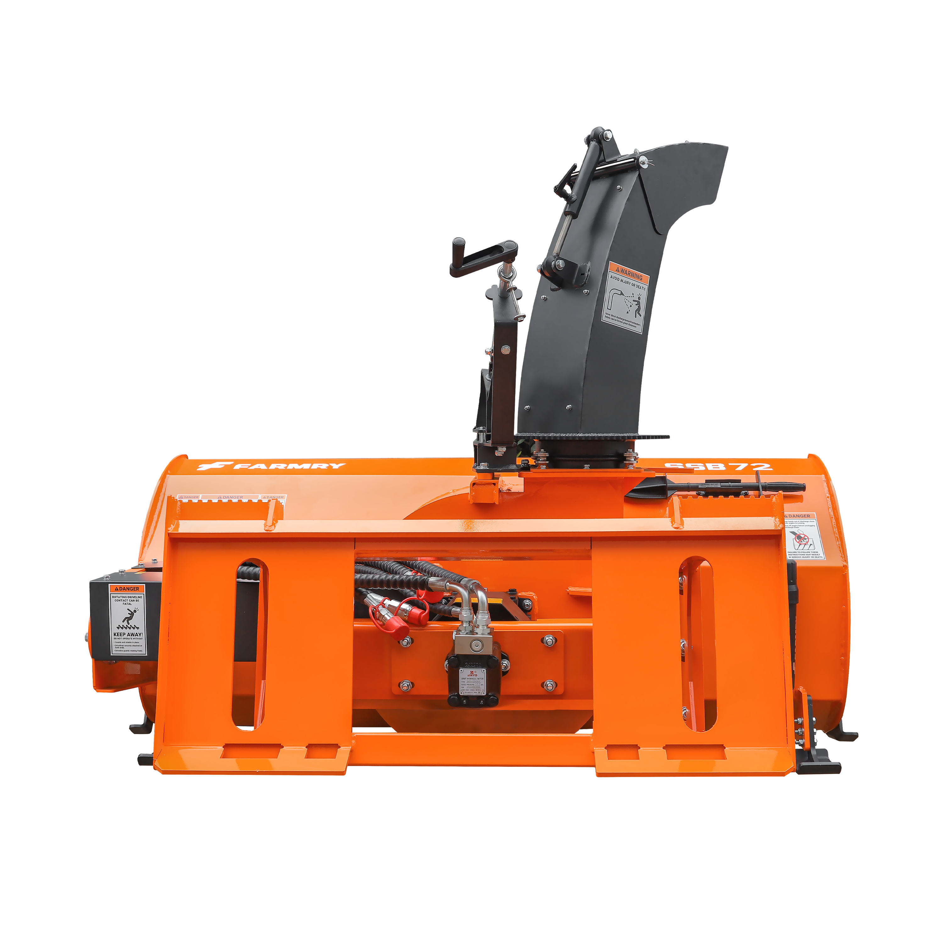 72" Skid Steer Snow Blower, 45-75 HP, REQ. Hydraulic Flow 16-21 GPM, 24" Diameter Impeller, Manual 360° Snow Chute, Snow Shovel for JAM Clearance Included, SSB72