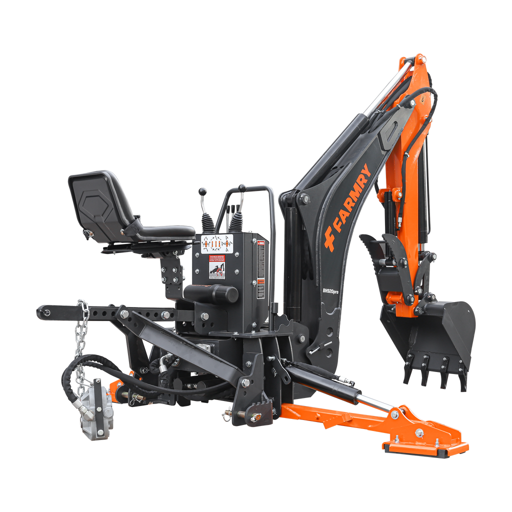 9'2" Tractor  Backhoe with Curved Boom, Italian Original WALVOIL Seven Way Hydraulic Control Valve, 18" Bucket, Hydraulic Grapple Thumb,  Self-Contained One-Piece Gear Pump&Hydraulic Reservoir included, for 45-120 HP, Cat 2 Hookup, BH920Pro