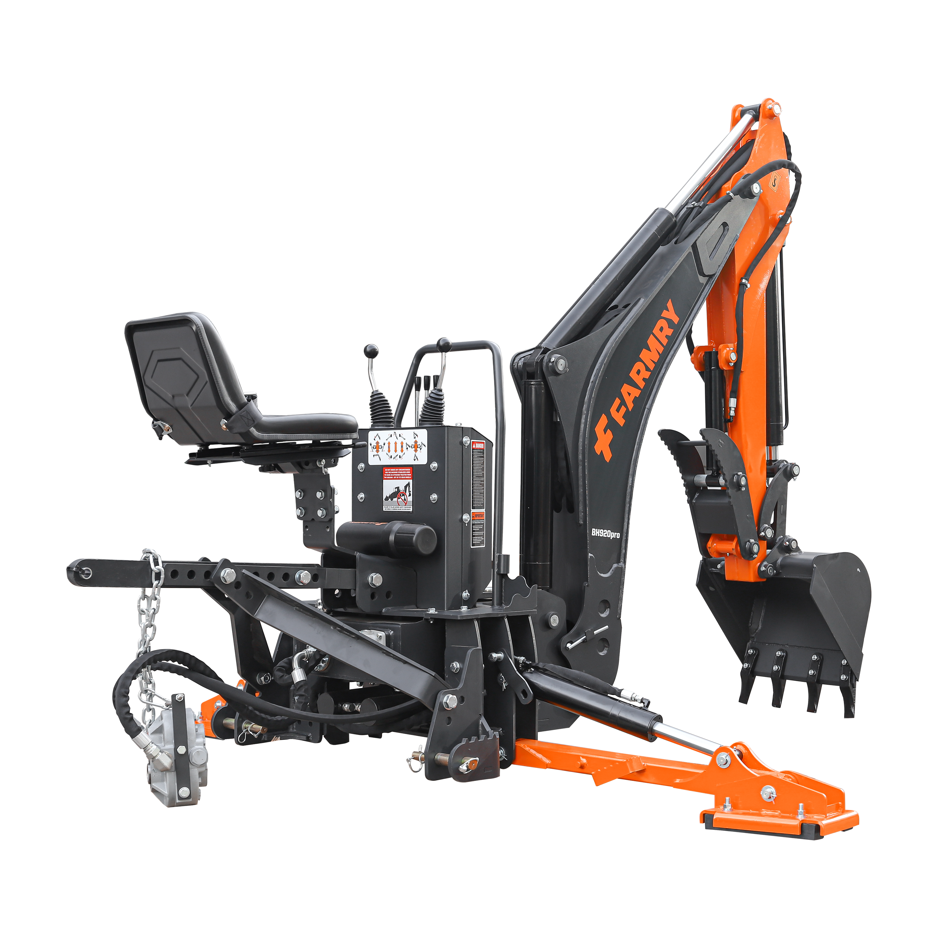 9'2" Tractor  Backhoe with Curved Boom, Italian Original WALVOIL Seven Way Hydraulic Control Valve, 18" Bucket, Hydraulic Grapple Thumb,  Self-Contained One-Piece Gear Pump&Hydraulic Reservoir included, for 45-120 HP, Cat 2 Hookup, BH920Pro