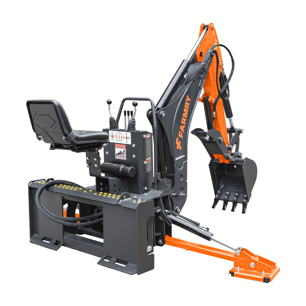 8'2" Skid Steer Loader  Backhoe with Curved Boom, Italian Original WALVOIL Seven Way Hydraulic Control Valve, 15" Bucket, Hydraulic Grapple Thumb included, for 30-75 HP , BHS820Pro