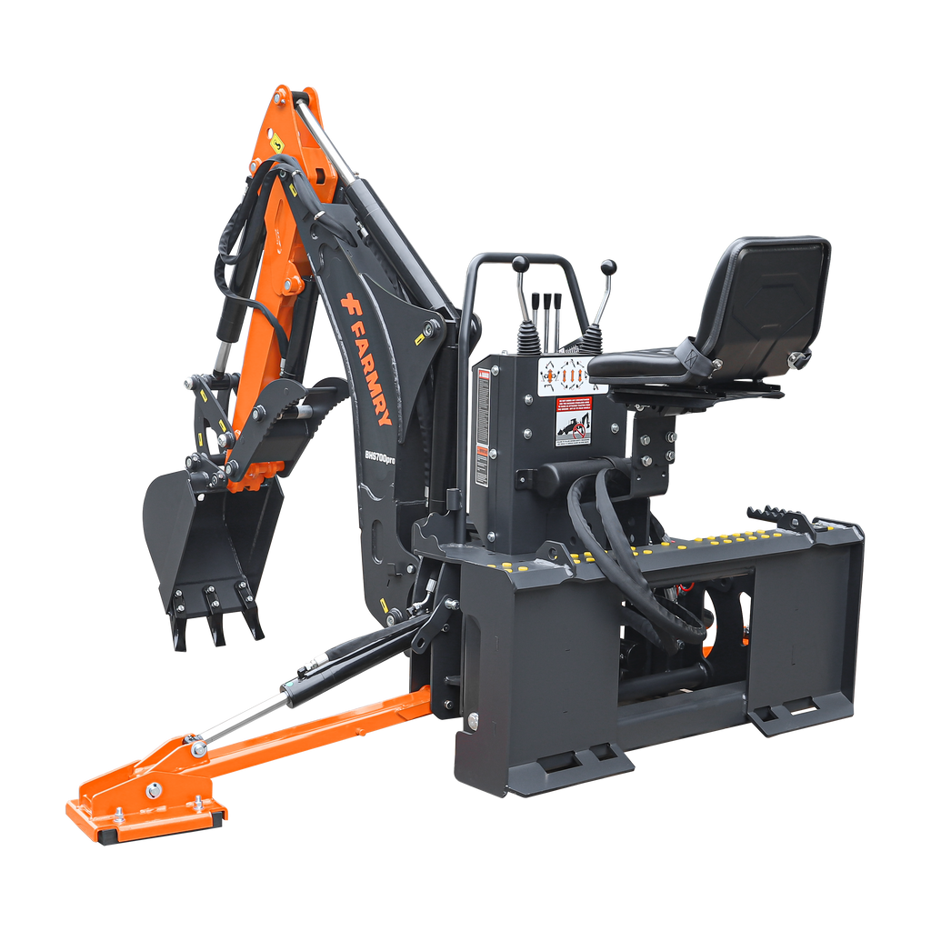 7' Skid Steer Loader Backhoe with Curved Boom, Italian Original WALVOIL Seven Way Hydraulic Control Valve, 12" Bucket, Hydraulic Grapple Thumb included, for 30-60 HP, BHS700Pro