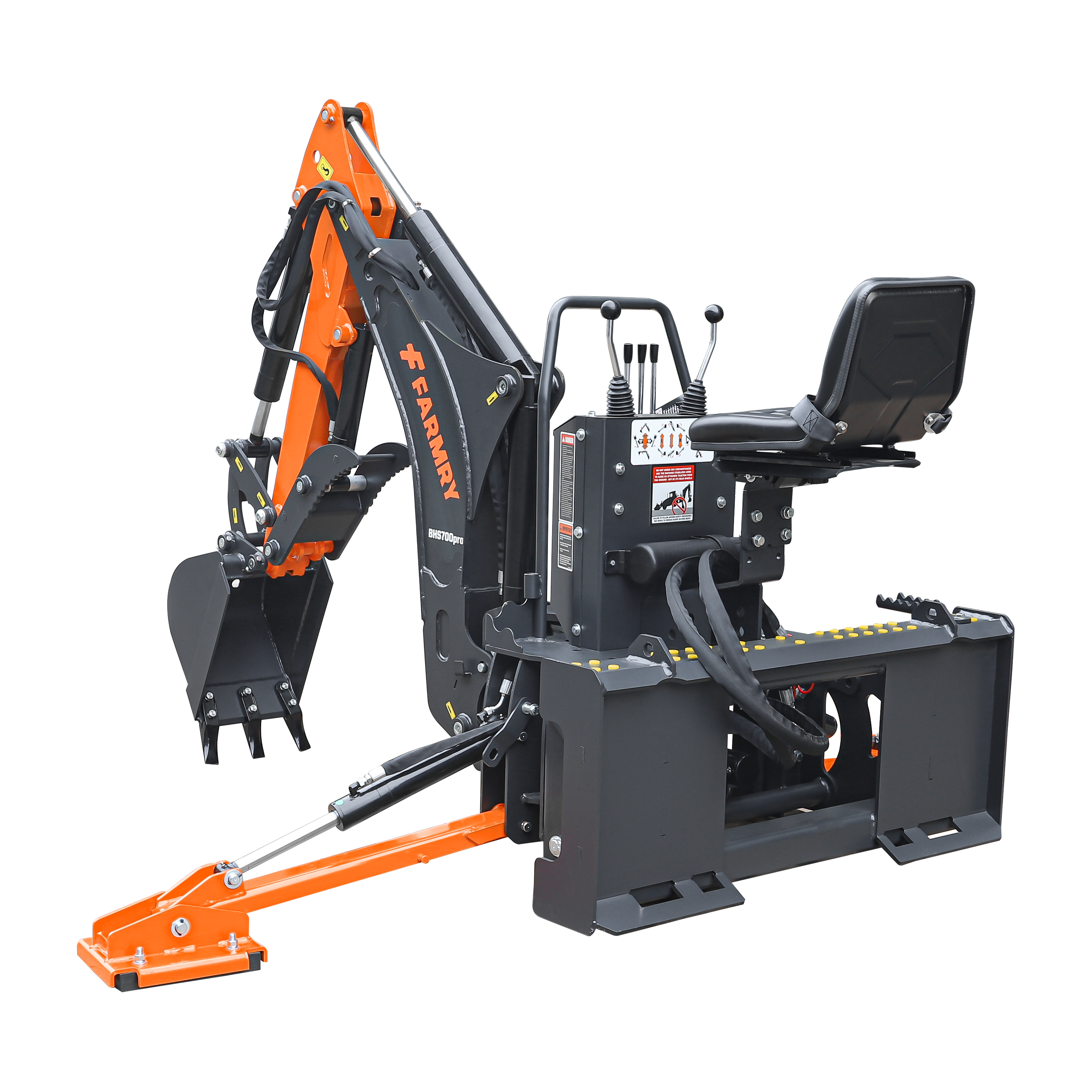 7' Skid Steer Loader Backhoe with Curved Boom, Italian Original WALVOIL Seven Way Hydraulic Control Valve, 12" Bucket, Hydraulic Grapple Thumb included, for 30-60 HP, BHS700Pro