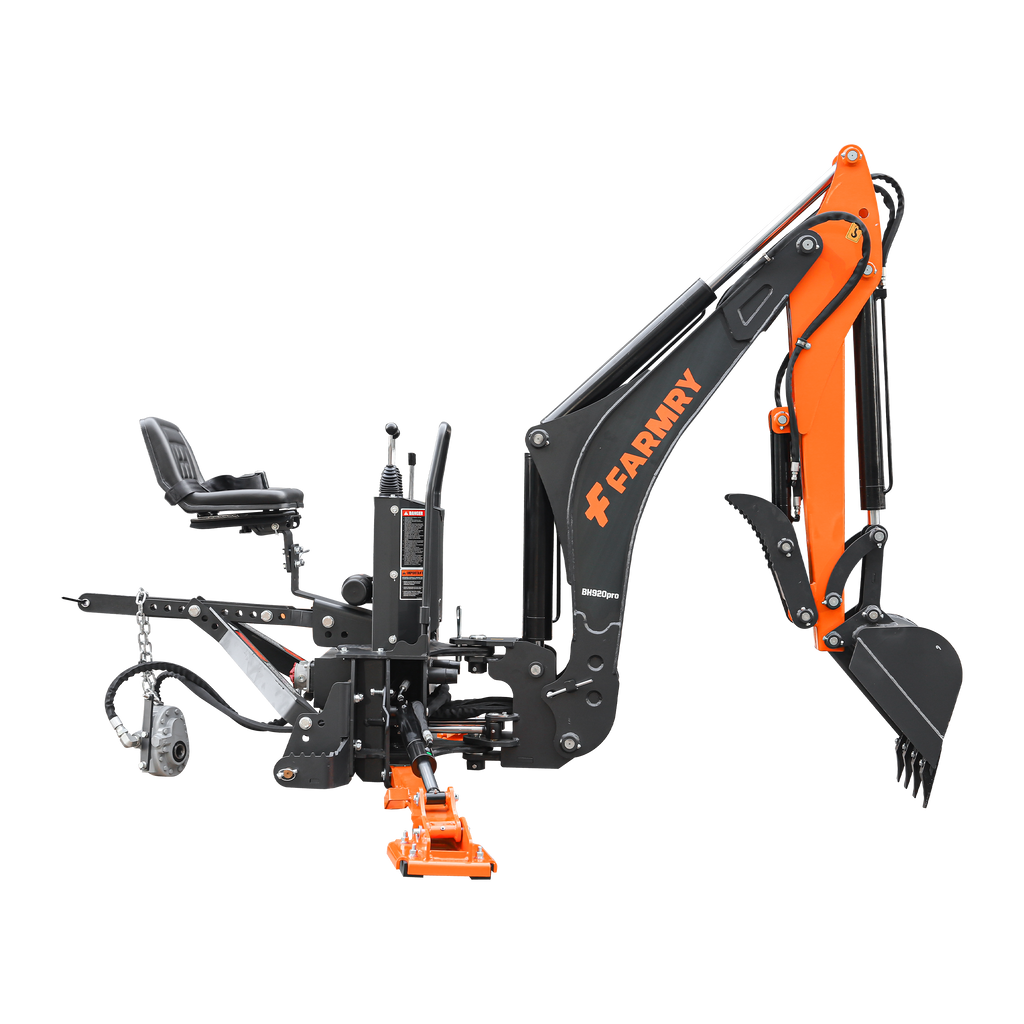 9'2" Tractor  Backhoe with Curved Boom, Italian Original WALVOIL Seven Way Hydraulic Control Valve, 18" Bucket, Hydraulic Grapple Thumb,  Self-Contained One-Piece Gear Pump&Hydraulic Reservoir included, for 45-120 HP, Cat 2 Hookup, BH920Pro