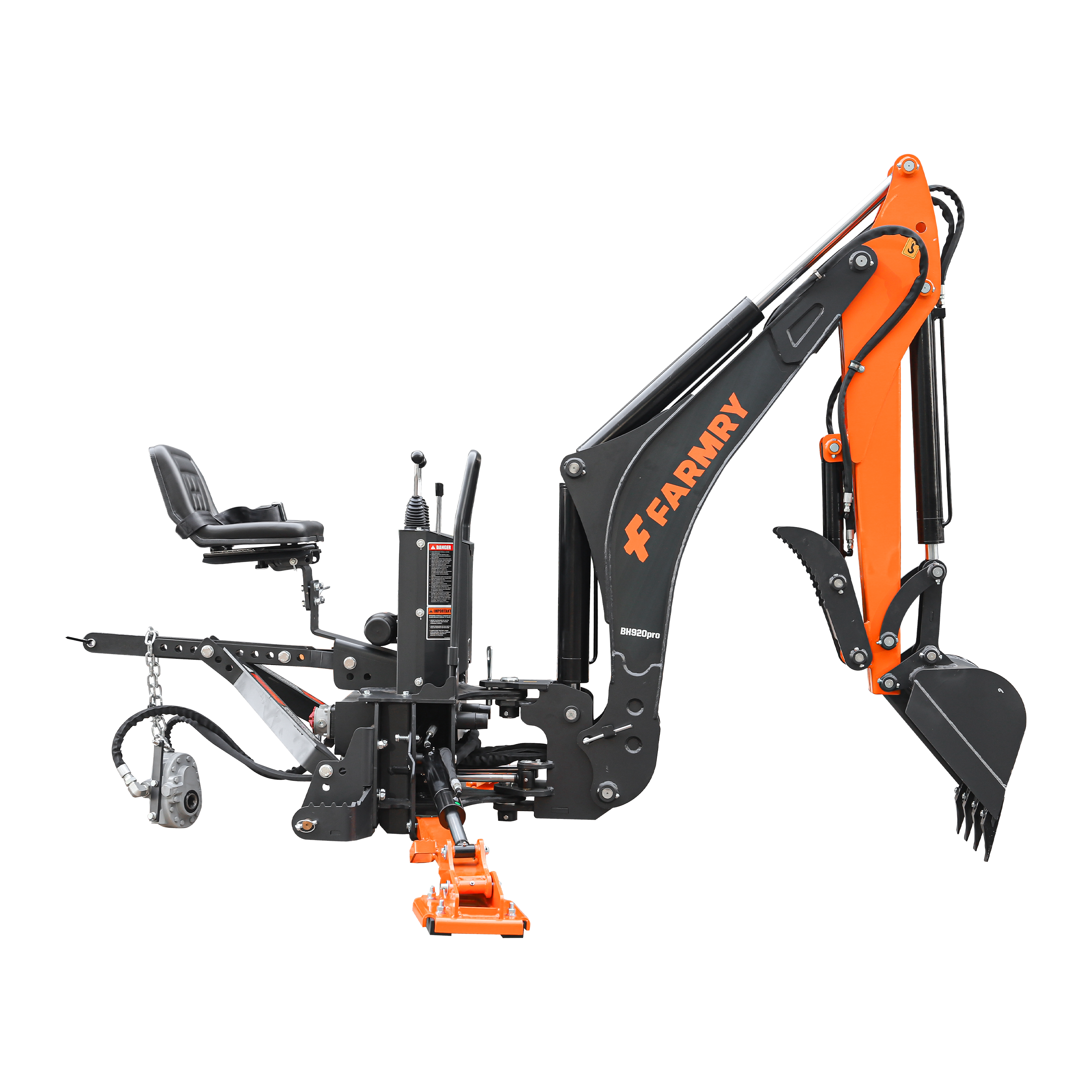 9'2" Tractor  Backhoe with Curved Boom, Italian Original WALVOIL Seven Way Hydraulic Control Valve, 18" Bucket, Hydraulic Grapple Thumb,  Self-Contained One-Piece Gear Pump&Hydraulic Reservoir included, for 45-120 HP, Cat 2 Hookup, BH920Pro