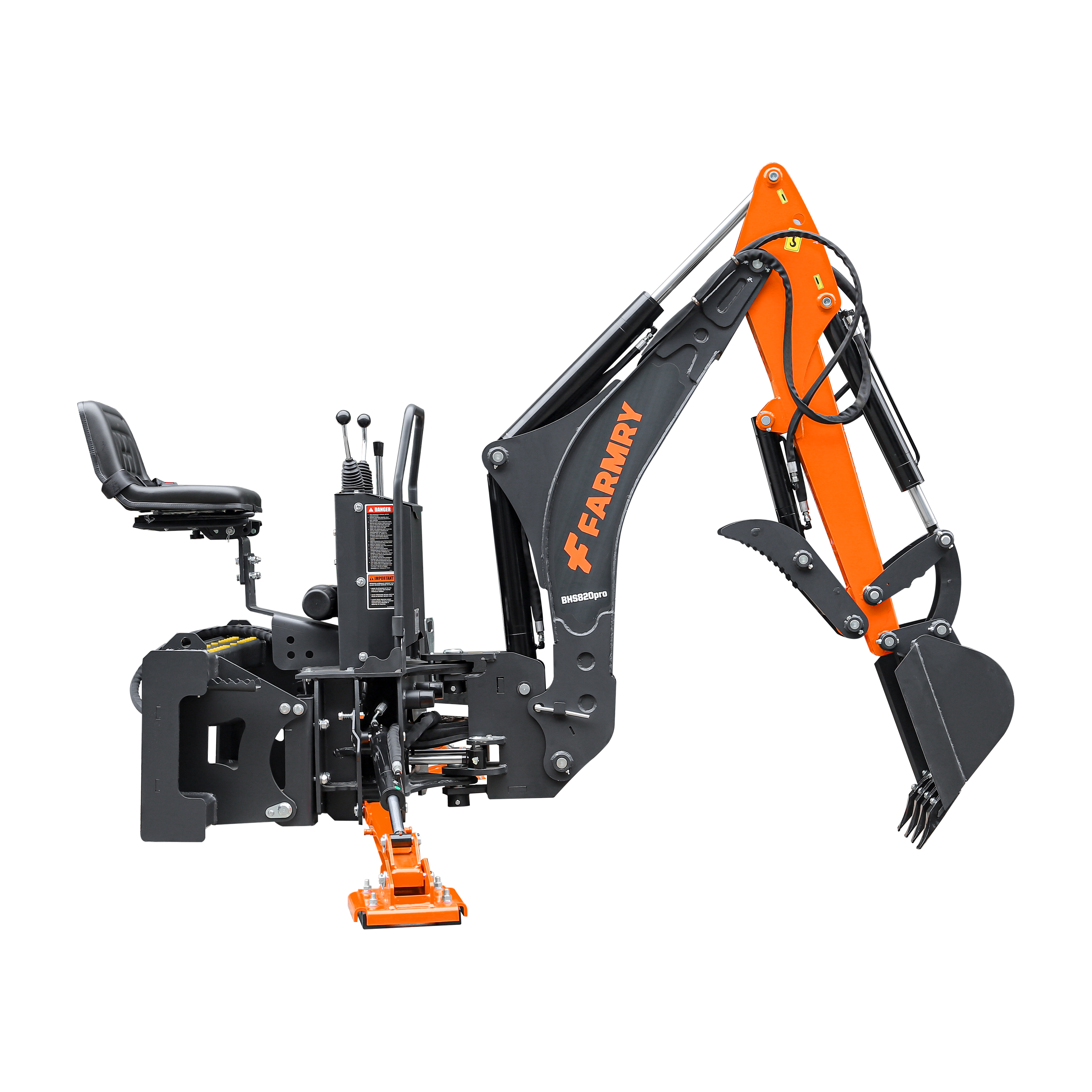 8'2" Skid Steer Loader  Backhoe with Curved Boom, Italian Original WALVOIL Seven Way Hydraulic Control Valve, 15" Bucket, Hydraulic Grapple Thumb included, for 30-75 HP , BHS820Pro