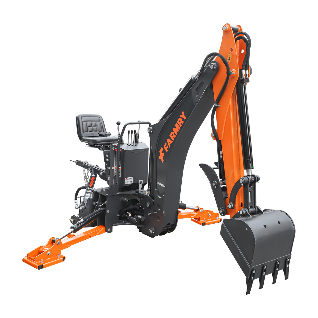 9'2" Tractor  Backhoe with Curved Boom, Italian Original WALVOIL Seven Way Hydraulic Control Valve, 18" Bucket, Hydraulic Grapple Thumb,  Self-Contained One-Piece Gear Pump&Hydraulic Reservoir included, for 45-120 HP, Cat 2 Hookup, BH920Pro