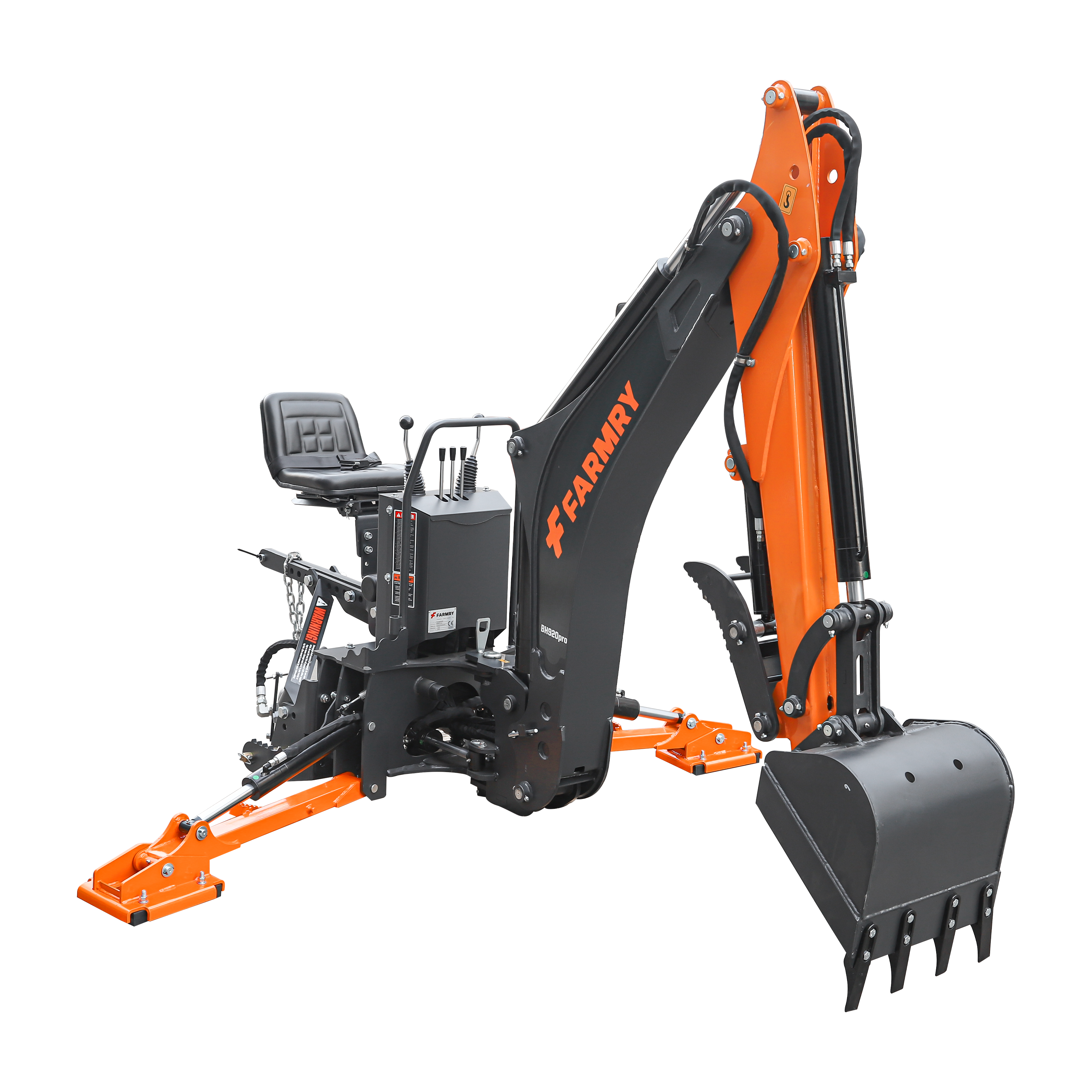 9'2" Tractor  Backhoe with Curved Boom, Italian Original WALVOIL Seven Way Hydraulic Control Valve, 18" Bucket, Hydraulic Grapple Thumb,  Self-Contained One-Piece Gear Pump&Hydraulic Reservoir included, for 45-120 HP, Cat 2 Hookup, BH920Pro