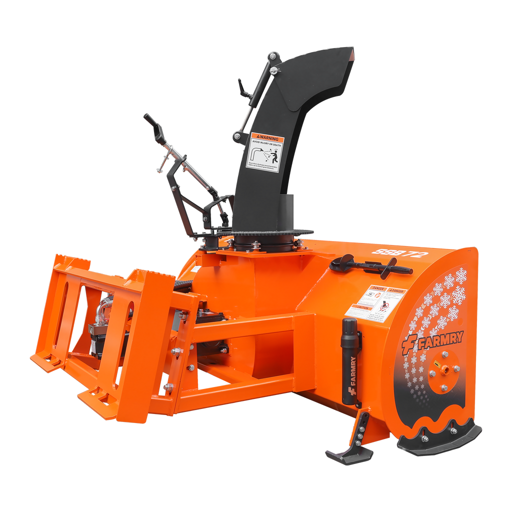 72" Skid Steer Snow Blower, 45-75 HP, REQ. Hydraulic Flow 16-21 GPM, 24" Diameter Impeller, Manual 360° Snow Chute, Snow Shovel for JAM Clearance Included, SSB72