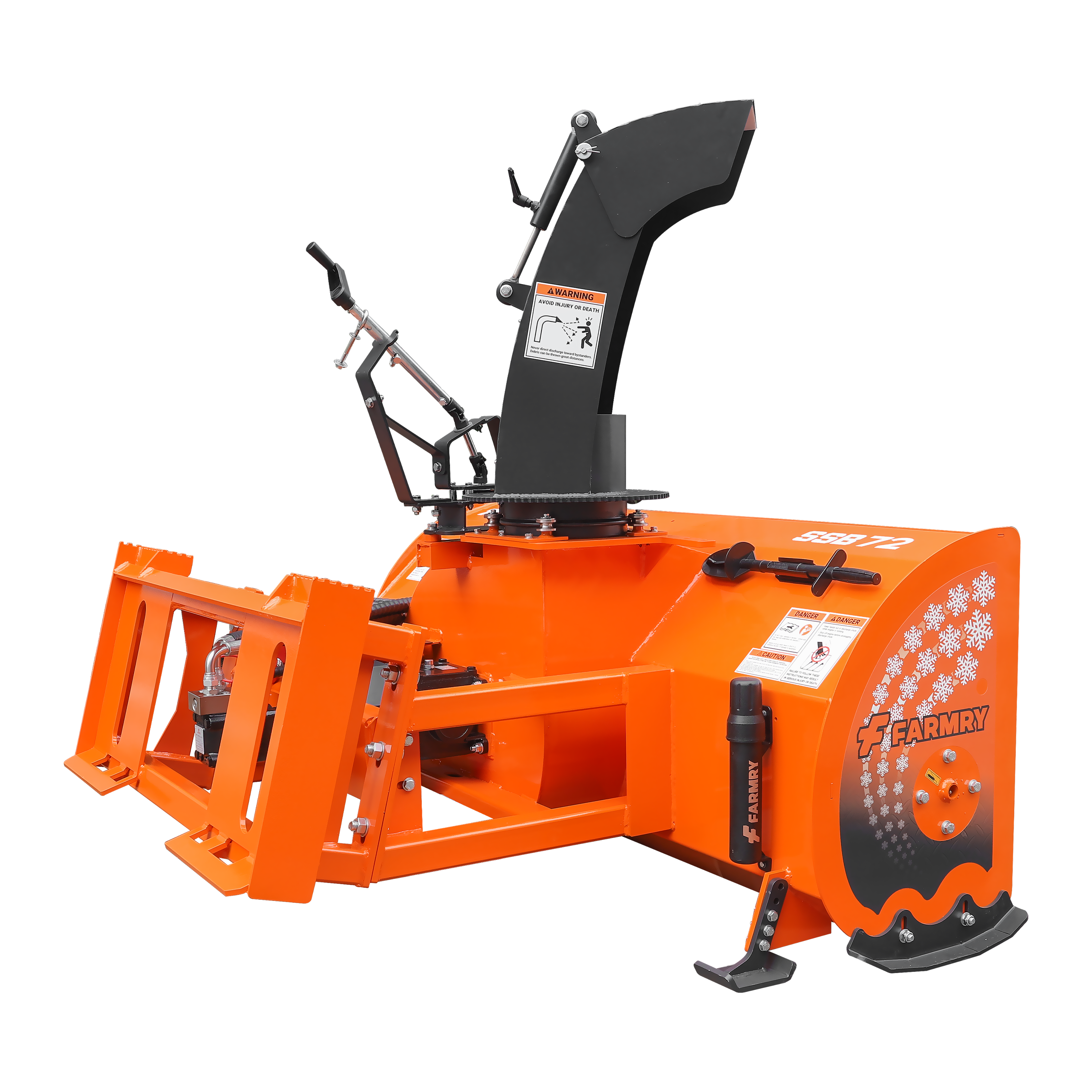 72" Skid Steer Snow Blower, 45-75 HP, REQ. Hydraulic Flow 16-21 GPM, 24" Diameter Impeller, Manual 360° Snow Chute, Snow Shovel for JAM Clearance Included, SSB72