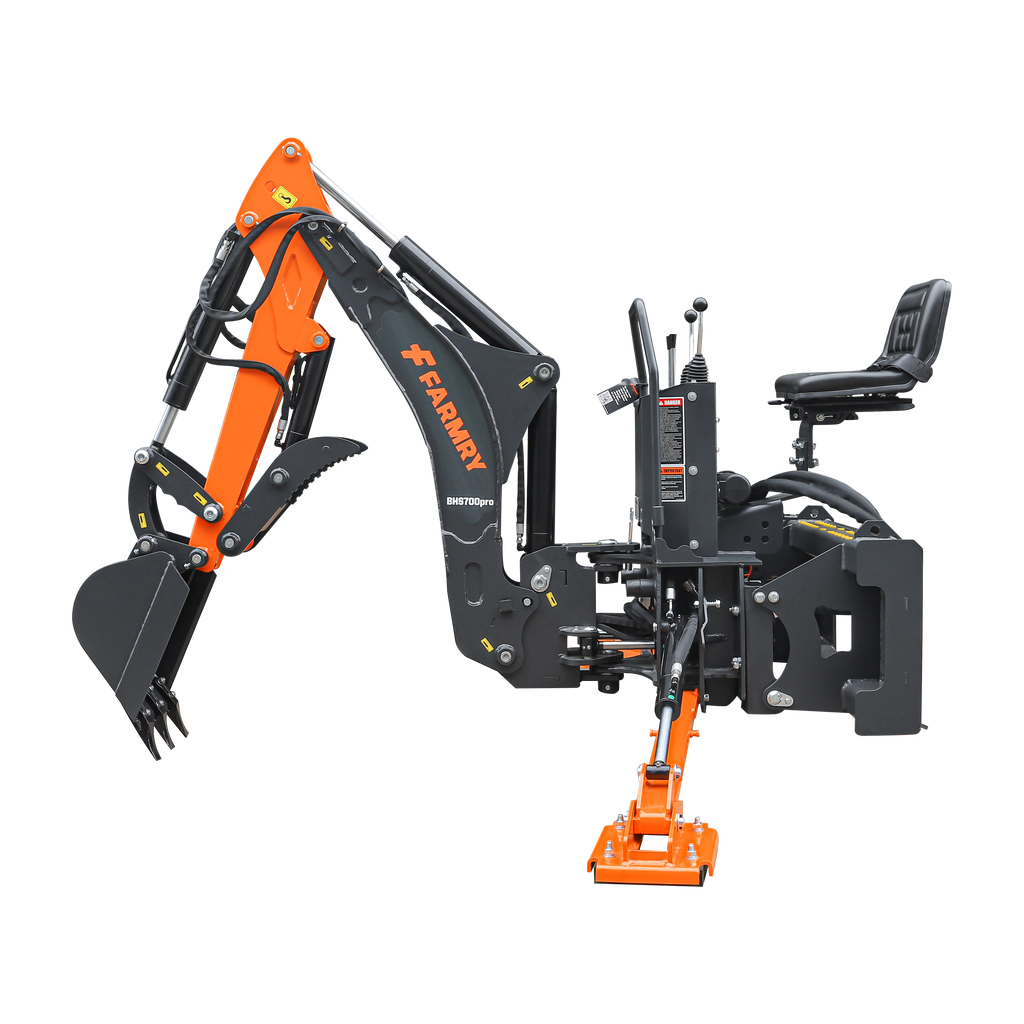 7' Skid Steer Loader Backhoe with Curved Boom, Italian Original WALVOIL Seven Way Hydraulic Control Valve, 12" Bucket, Hydraulic Grapple Thumb included, for 30-60 HP, BHS700Pro