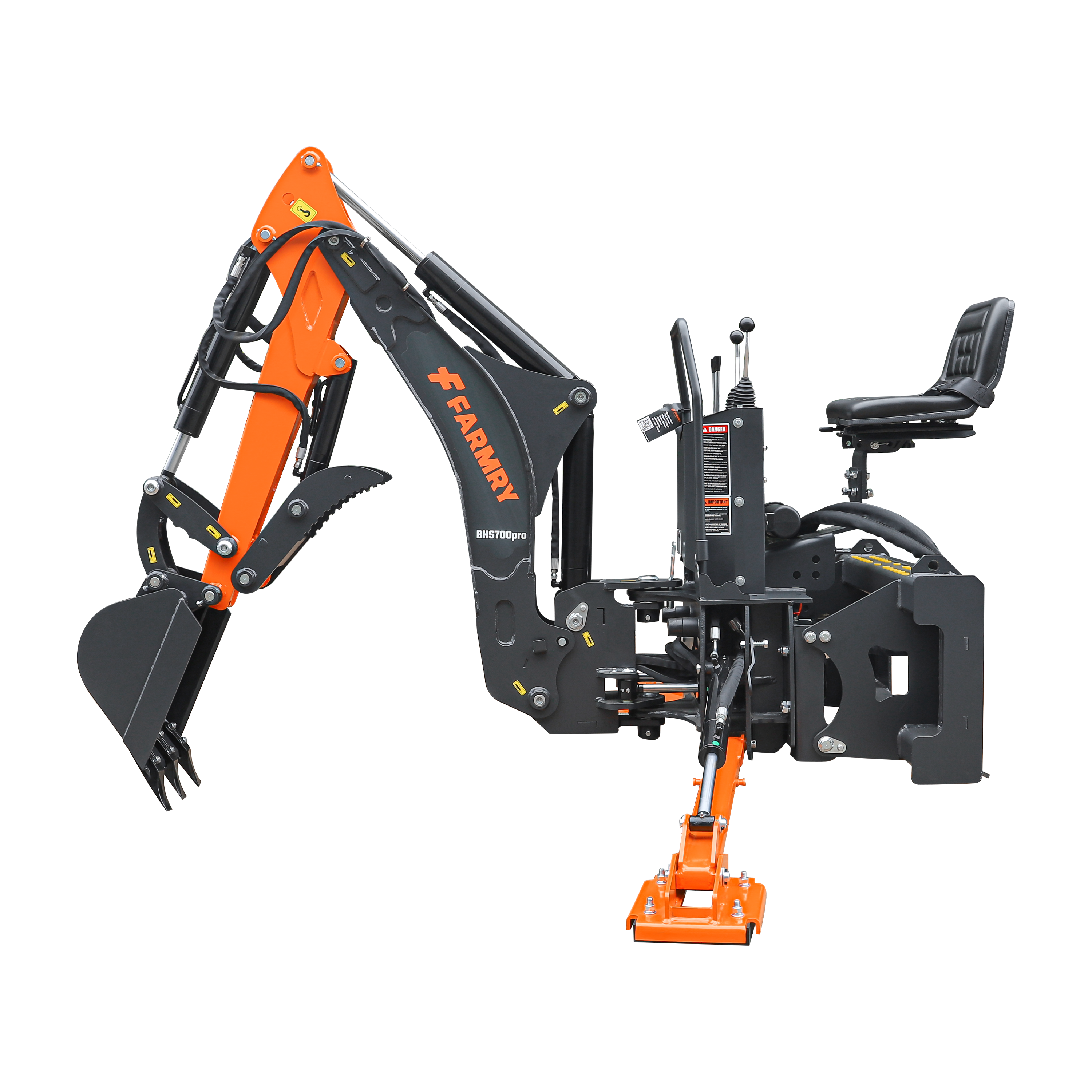 7' Skid Steer Loader Backhoe with Curved Boom, Italian Original WALVOIL Seven Way Hydraulic Control Valve, 12" Bucket, Hydraulic Grapple Thumb included, for 30-60 HP, BHS700Pro