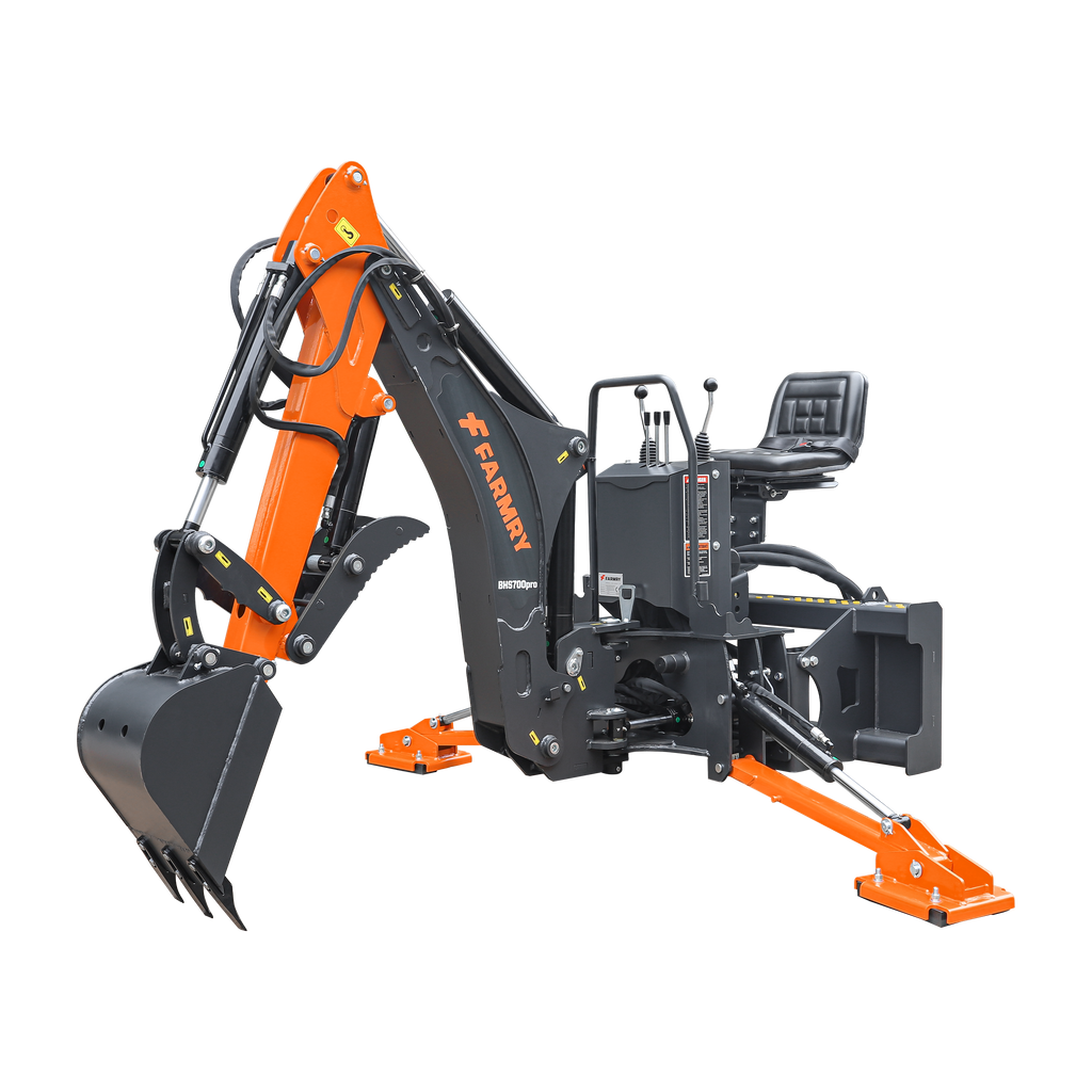 7' Skid Steer Loader Backhoe with Curved Boom, Italian Original WALVOIL Seven Way Hydraulic Control Valve, 12" Bucket, Hydraulic Grapple Thumb included, for 30-60 HP, BHS700Pro