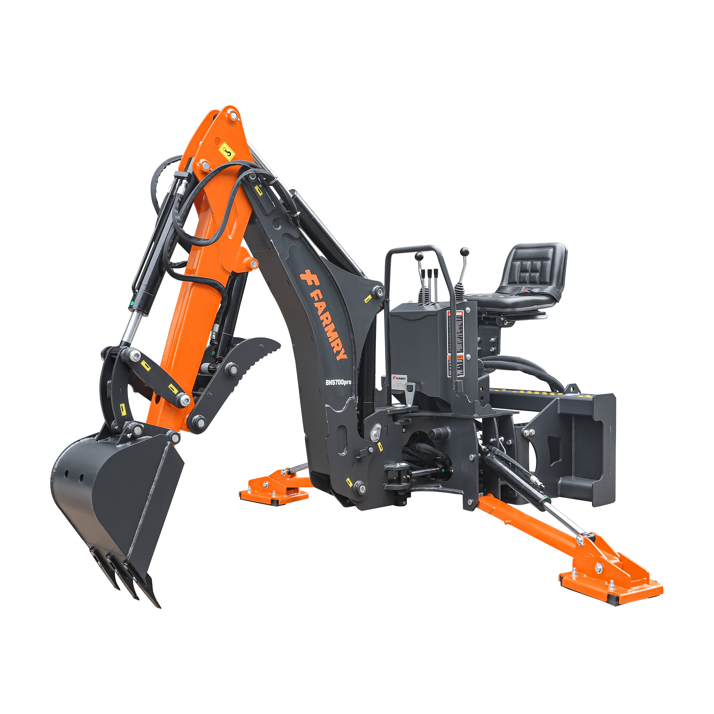 7' Skid Steer Loader Backhoe with Curved Boom, Italian Original WALVOIL Seven Way Hydraulic Control Valve, 12" Bucket, Hydraulic Grapple Thumb included, for 30-60 HP, BHS700Pro