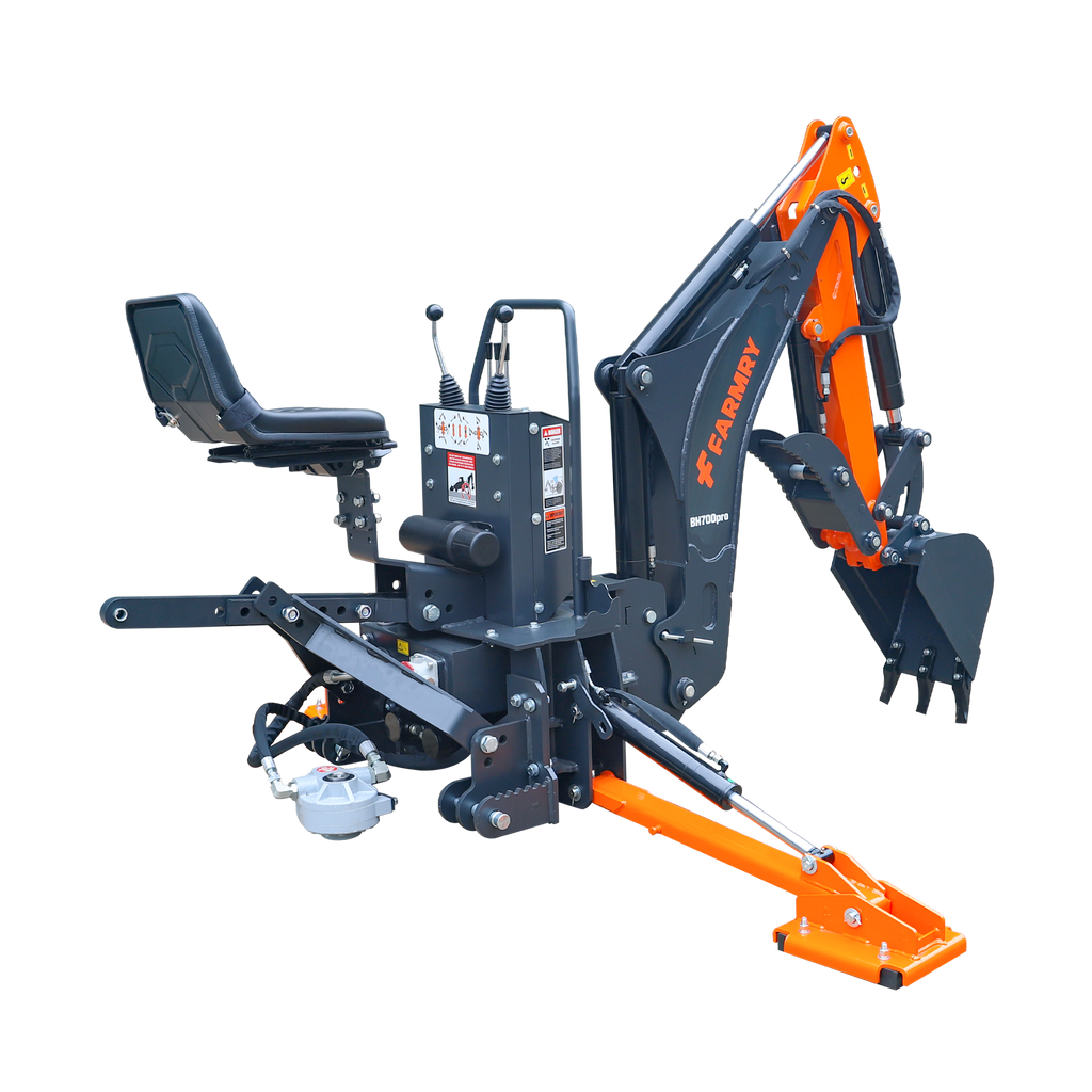 7' Tractor  Backhoe with Curved Boom, Italian Original WALVOIL Seven Way Hydraulic Control Valve, 12" Bucket, Hydraulic Grapple Thumb,  Self-Contained One-Piece Gear Pump&Hydraulic Reservoir included, for 25-45 HP, Cat 1&2 Hookup, BH700Pro